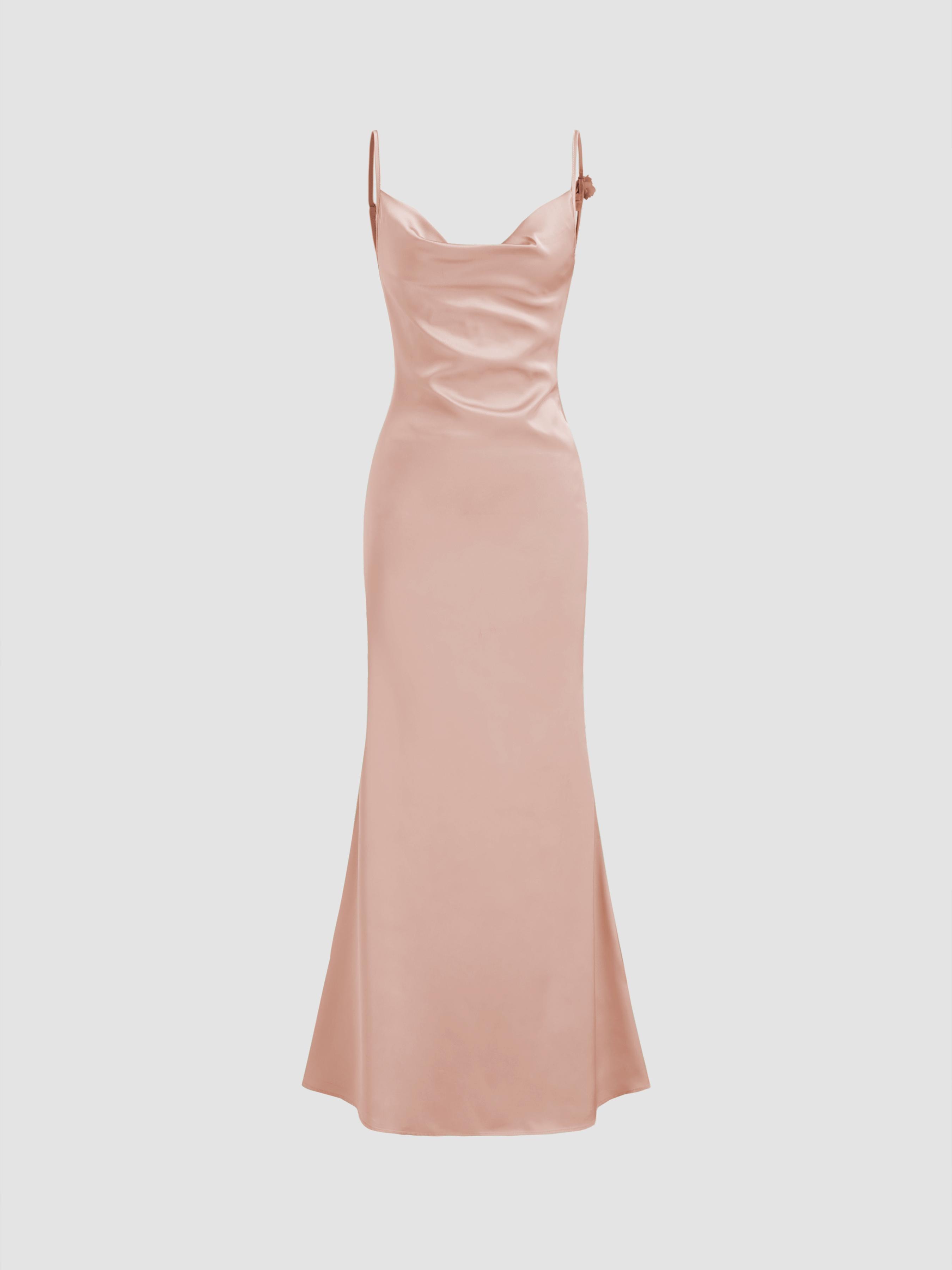 Satin Cowl Neck 3D Floral Ruched Mermaid Maxi Dress by CIDER