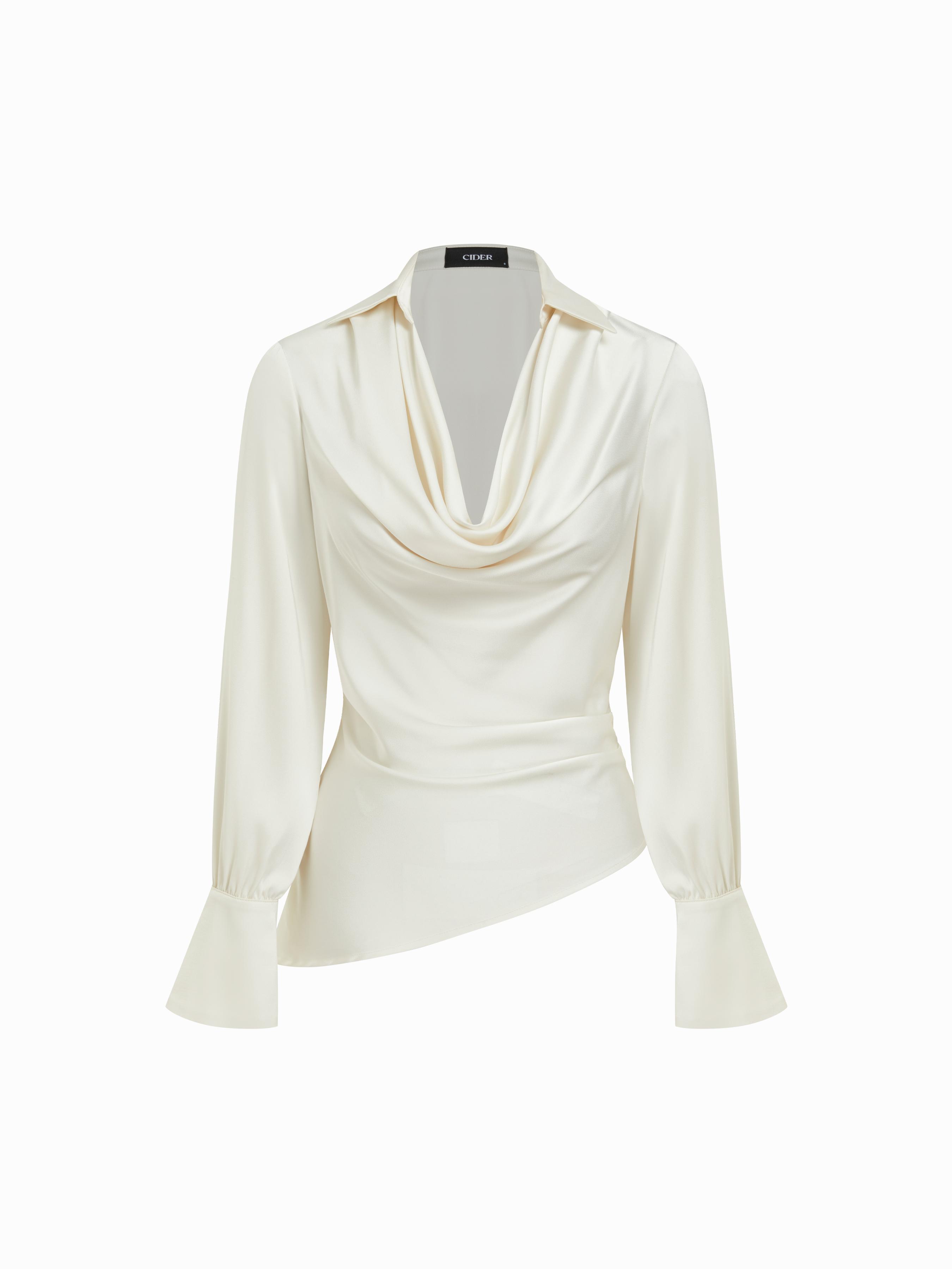 Satin Cowl Neck Asymmetrical Hem Long Sleeve Blouse by CIDER
