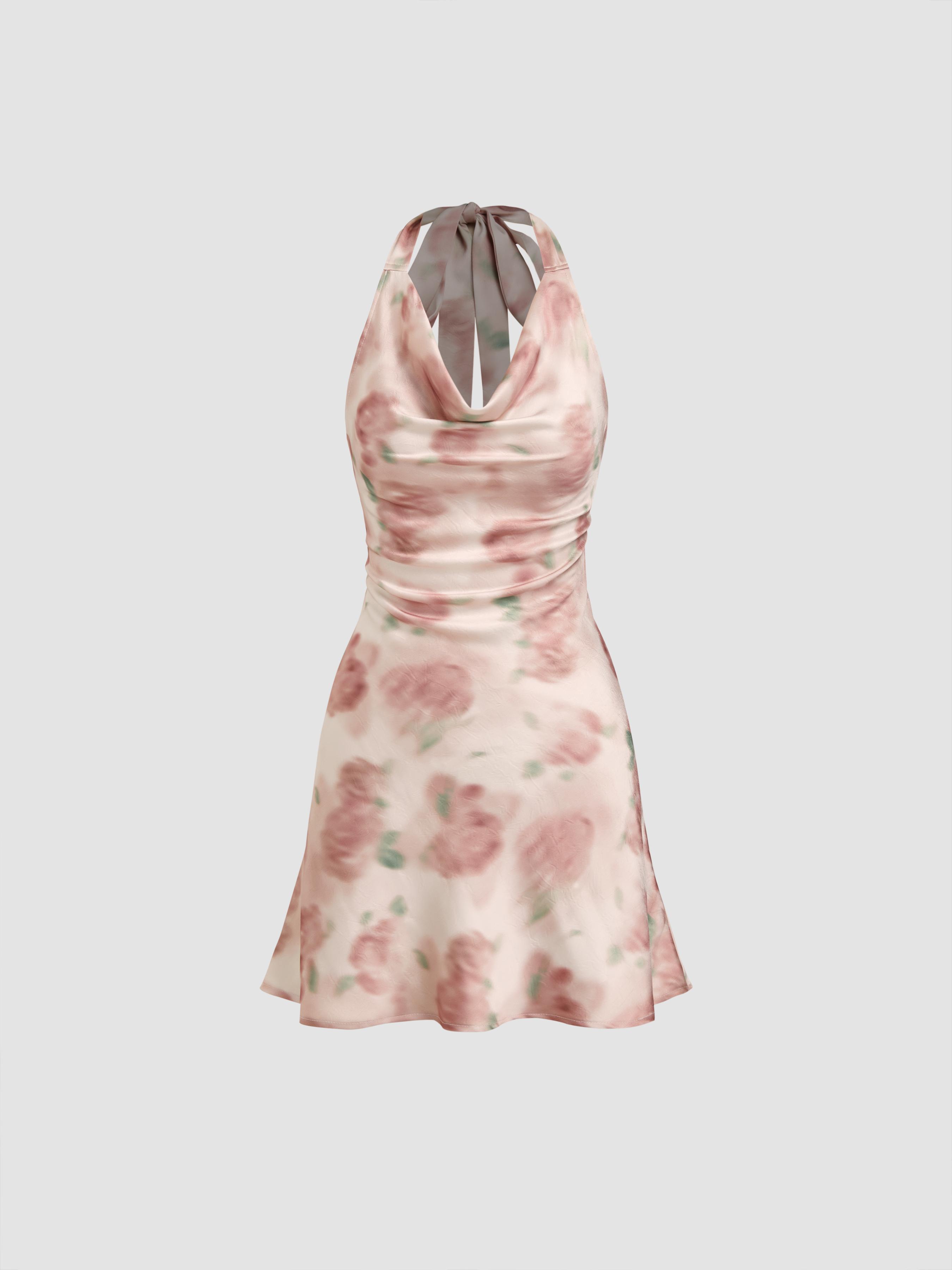 Satin Cowl Neck Floral Mini Dress by CIDER