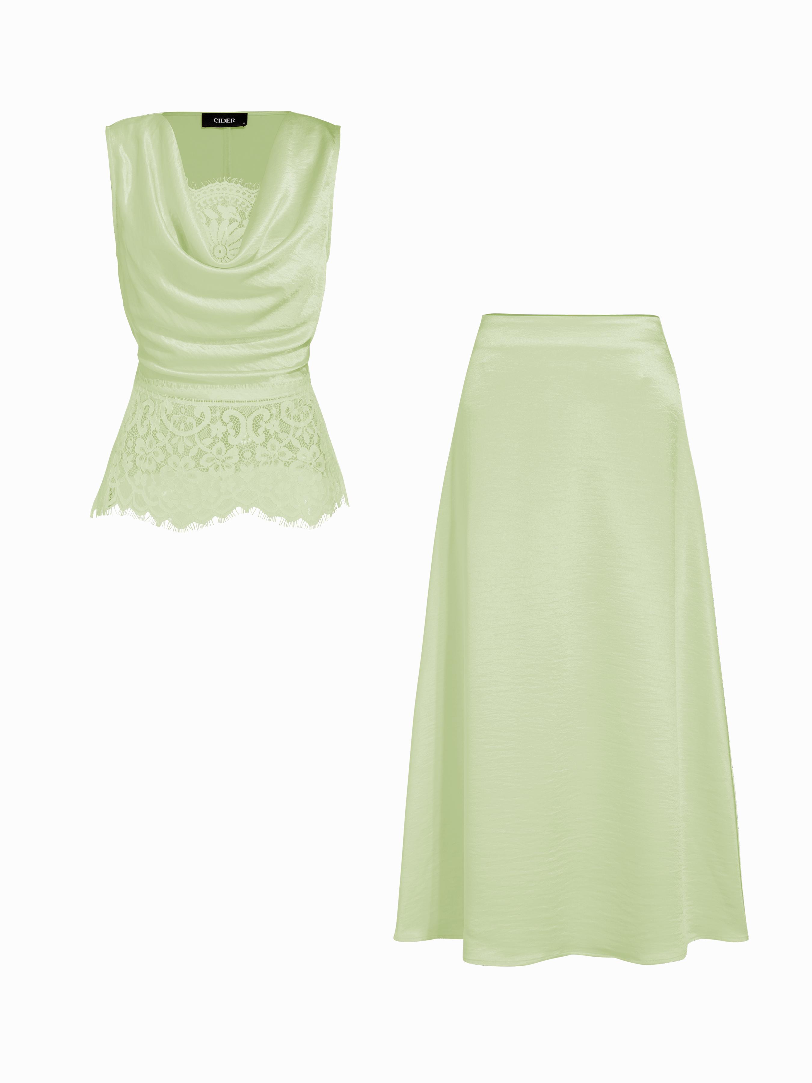 Satin Cowl Neck Lace Panel Top & Mid Rise Flared Maxi Skirt Set by CIDER