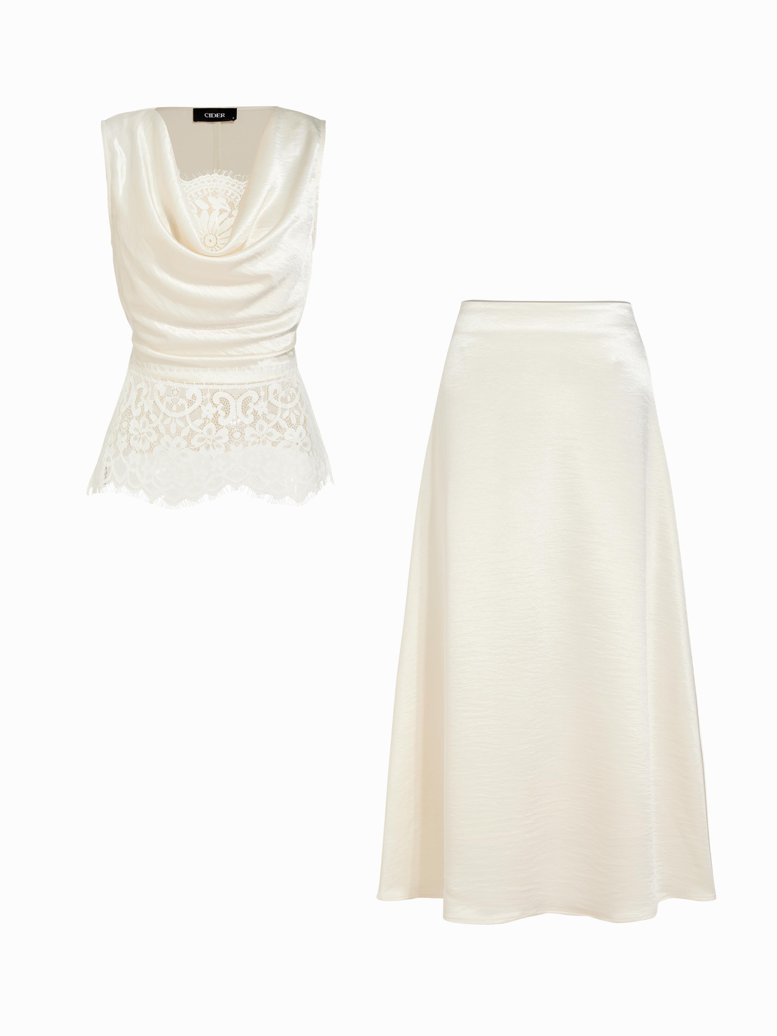 Satin Cowl Neck Lace Panel Top & Mid Rise Flared Maxi Skirt Set by CIDER