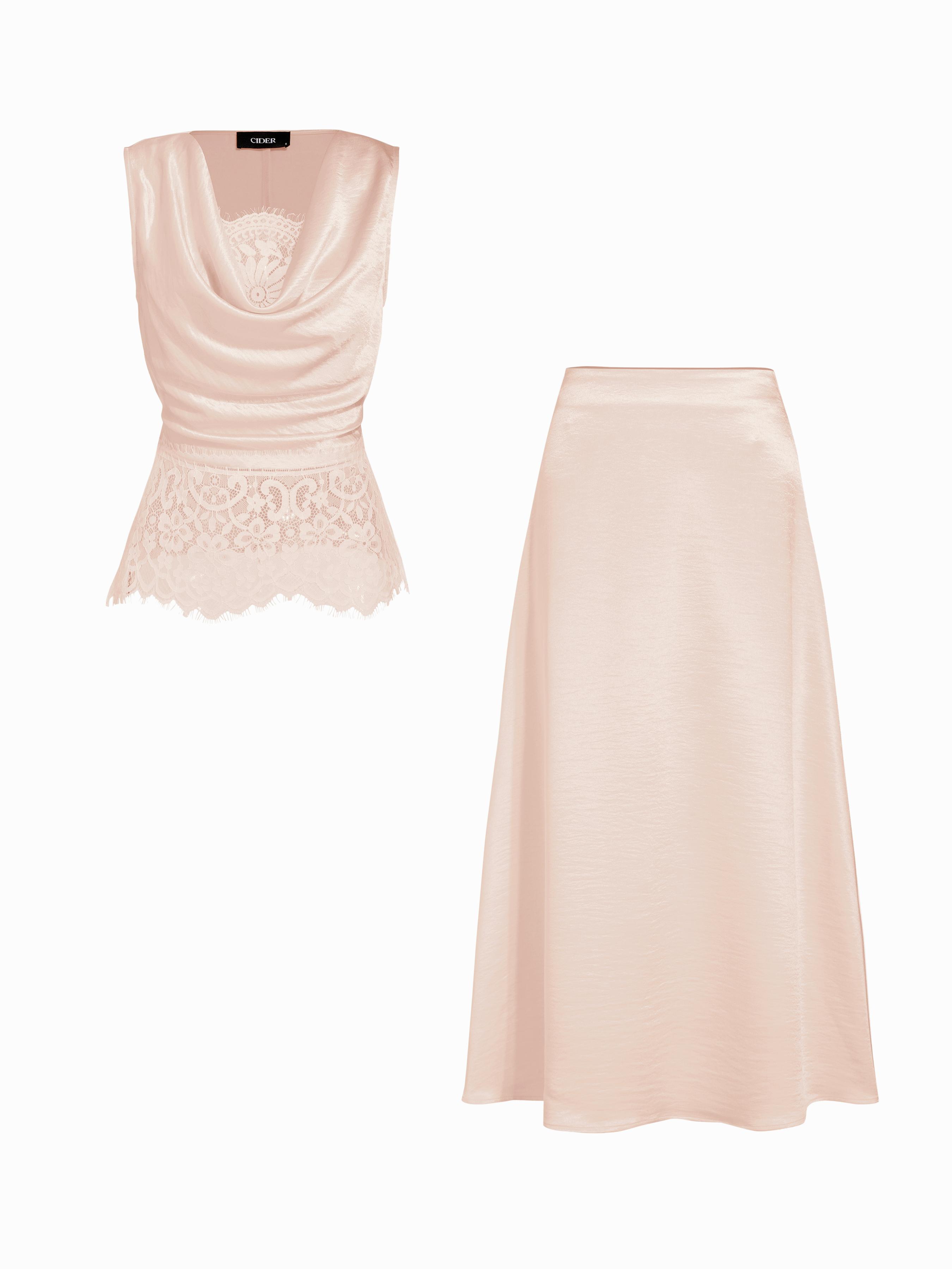Satin Cowl Neck Lace Panel Top & Mid Rise Flared Maxi Skirt Set by CIDER
