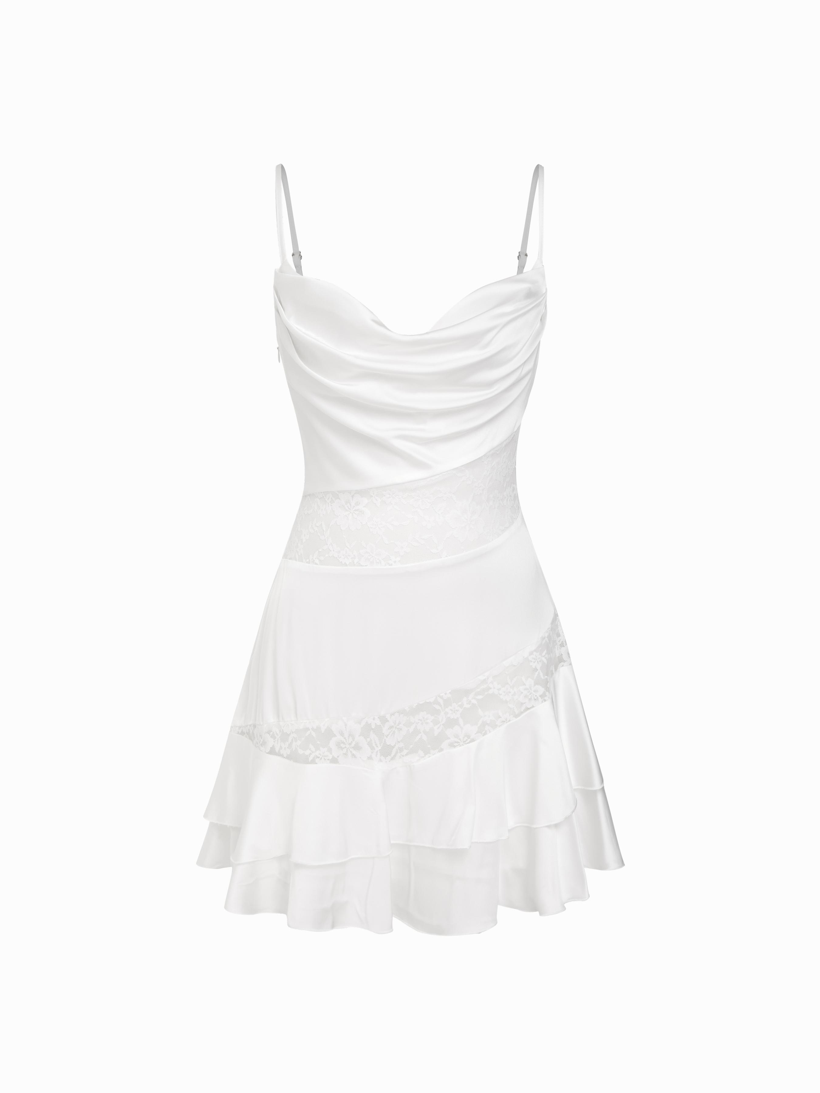 Satin Cowl Neck Lace Ruched Ruffle Hem Mini Dress by CIDER