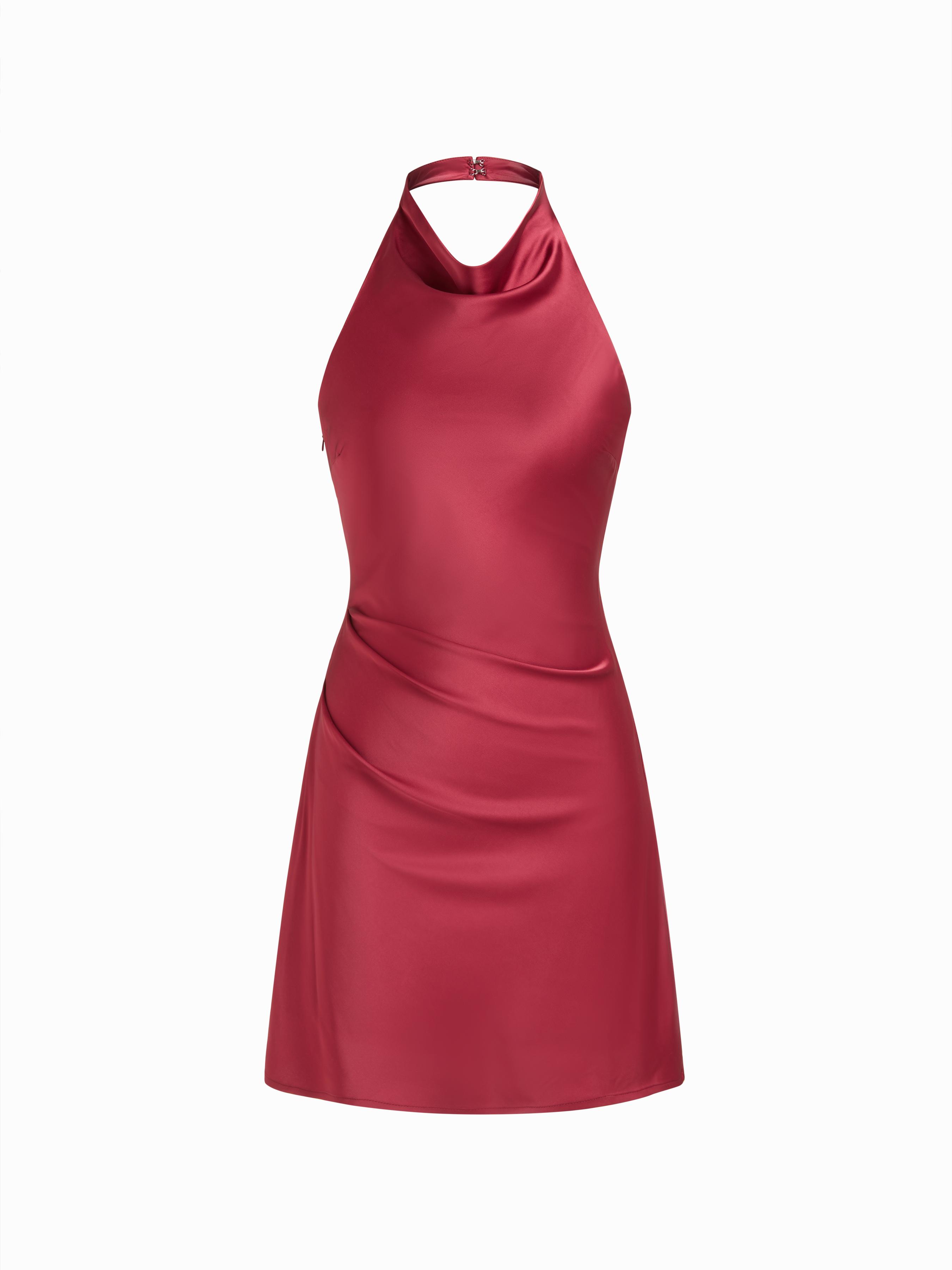 Satin Cowl Neck Ruched Backless Mini Dress by CIDER