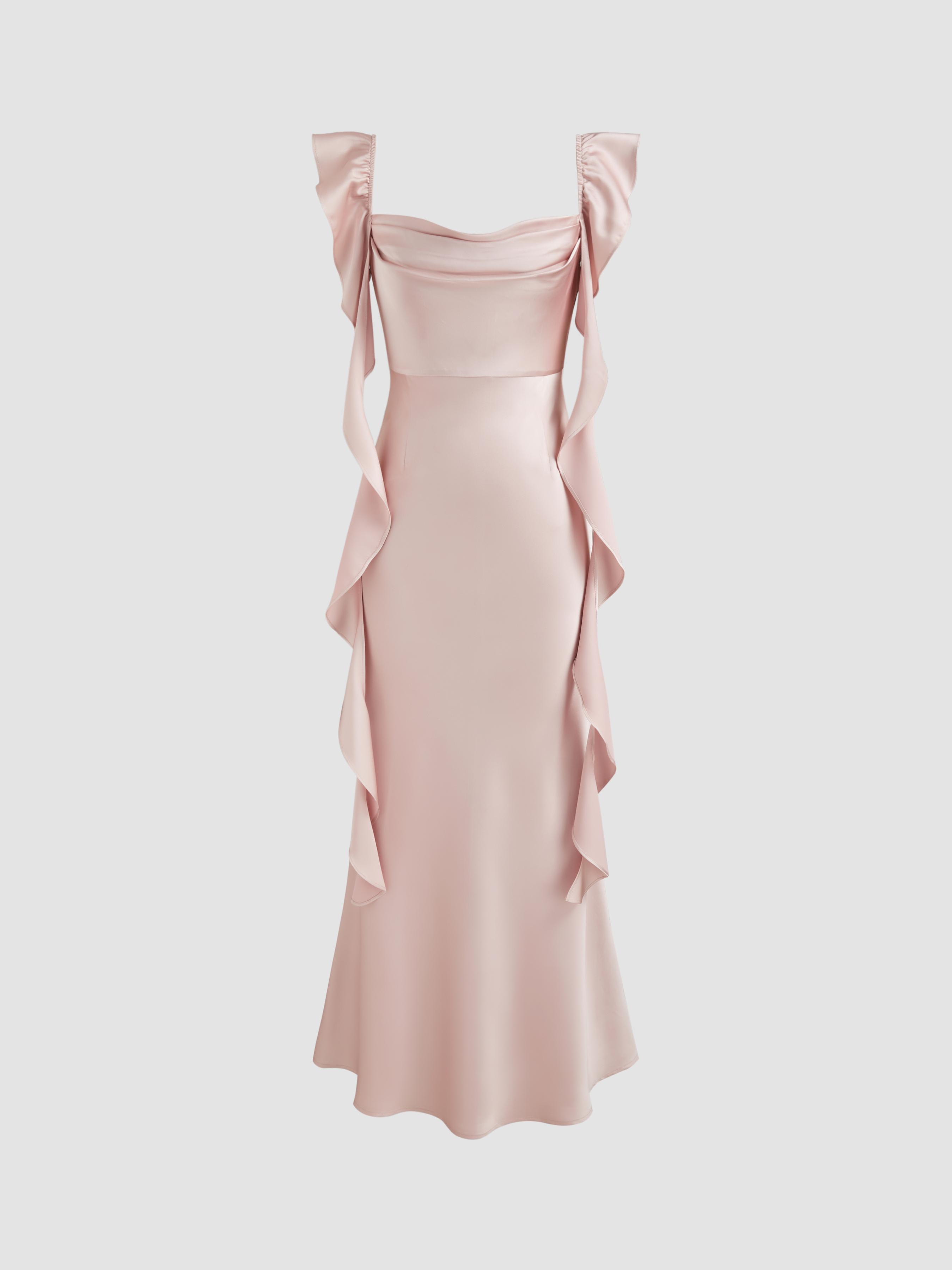 Satin Cowl Neck Solid Ruffle Hem Maxi Dress by CIDER
