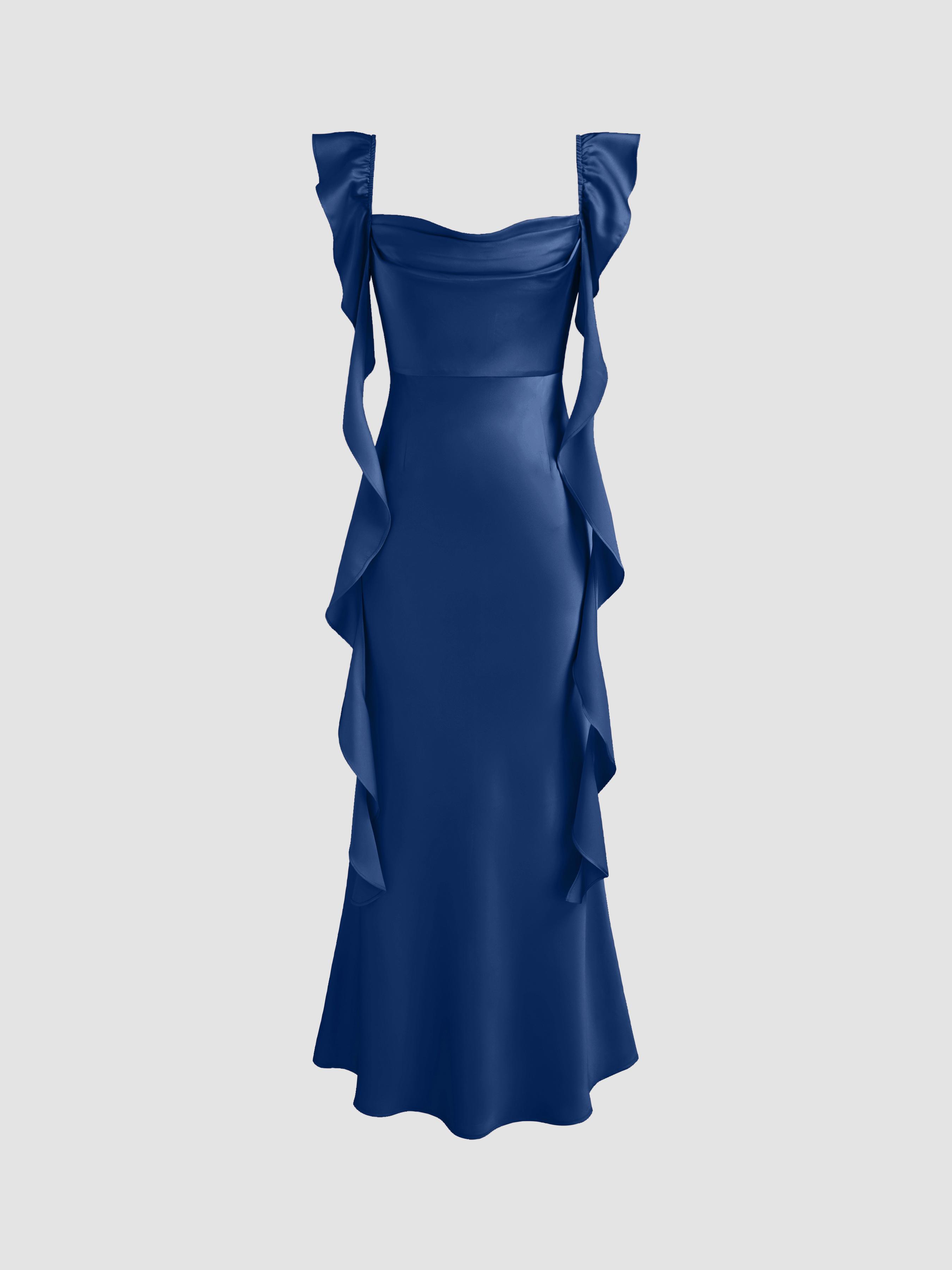 Satin Cowl Neck Solid Ruffle Hem Maxi Dress by CIDER