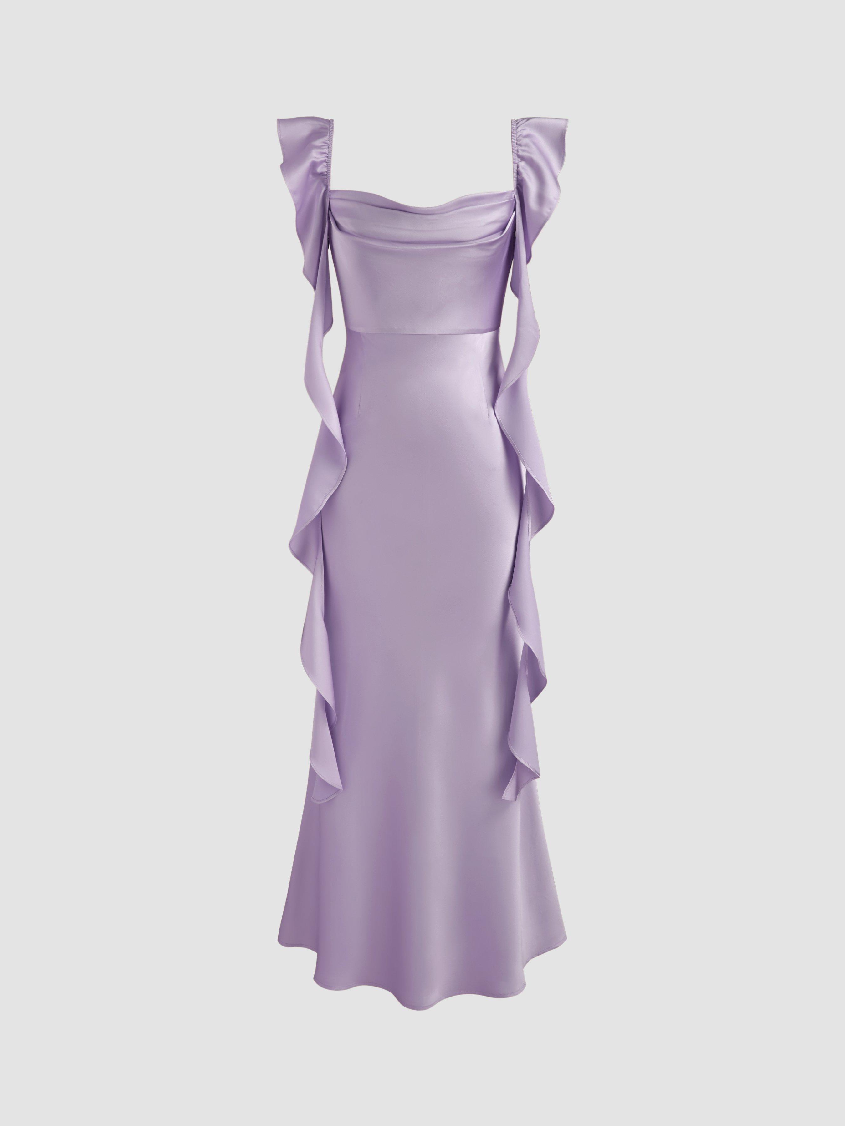Satin Cowl Neck Solid Ruffle Hem Maxi Dress by CIDER