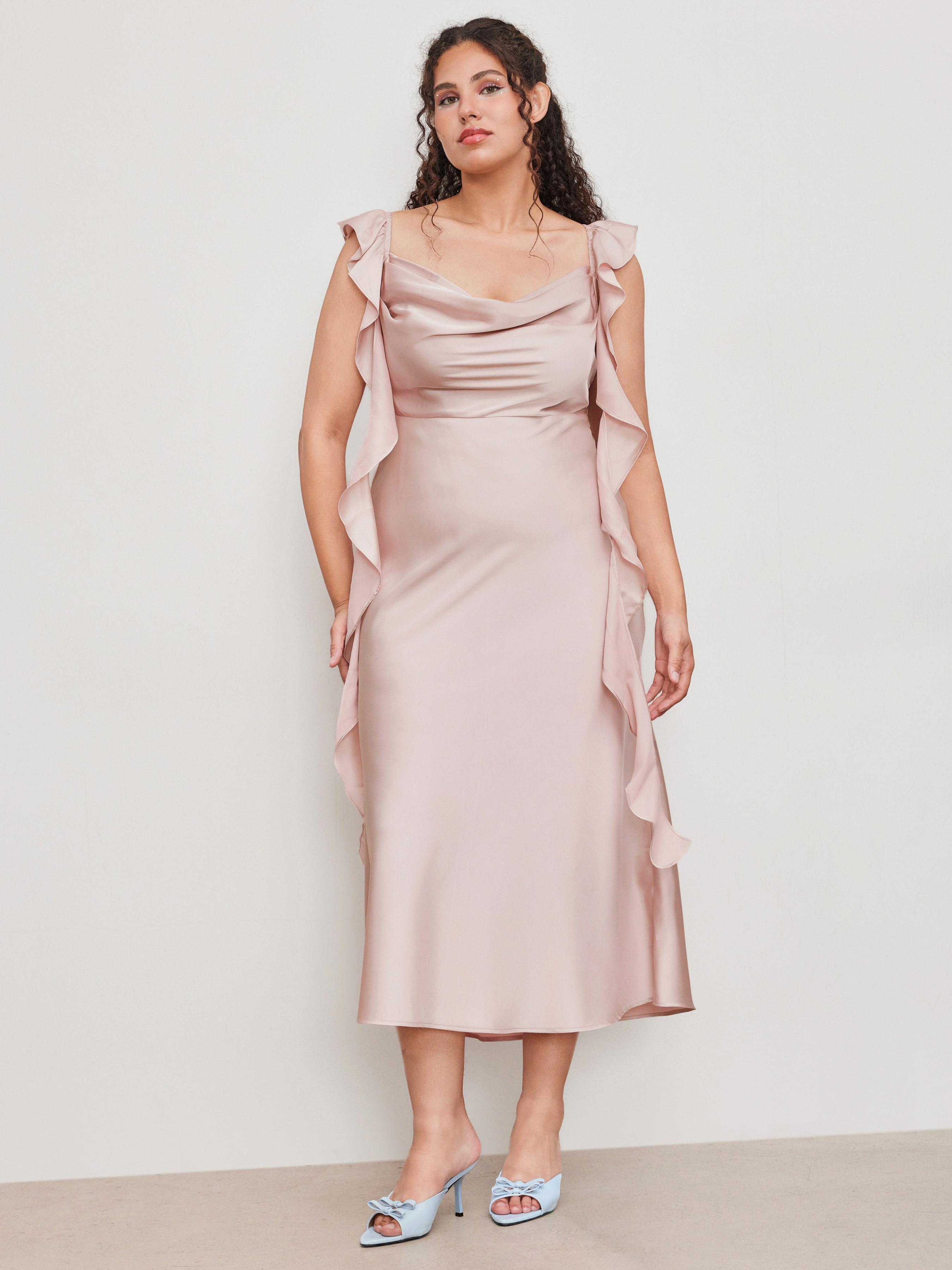 Satin Cowl Neck Solid Ruffle Hem Maxi Dress Curve & Plus by CIDER