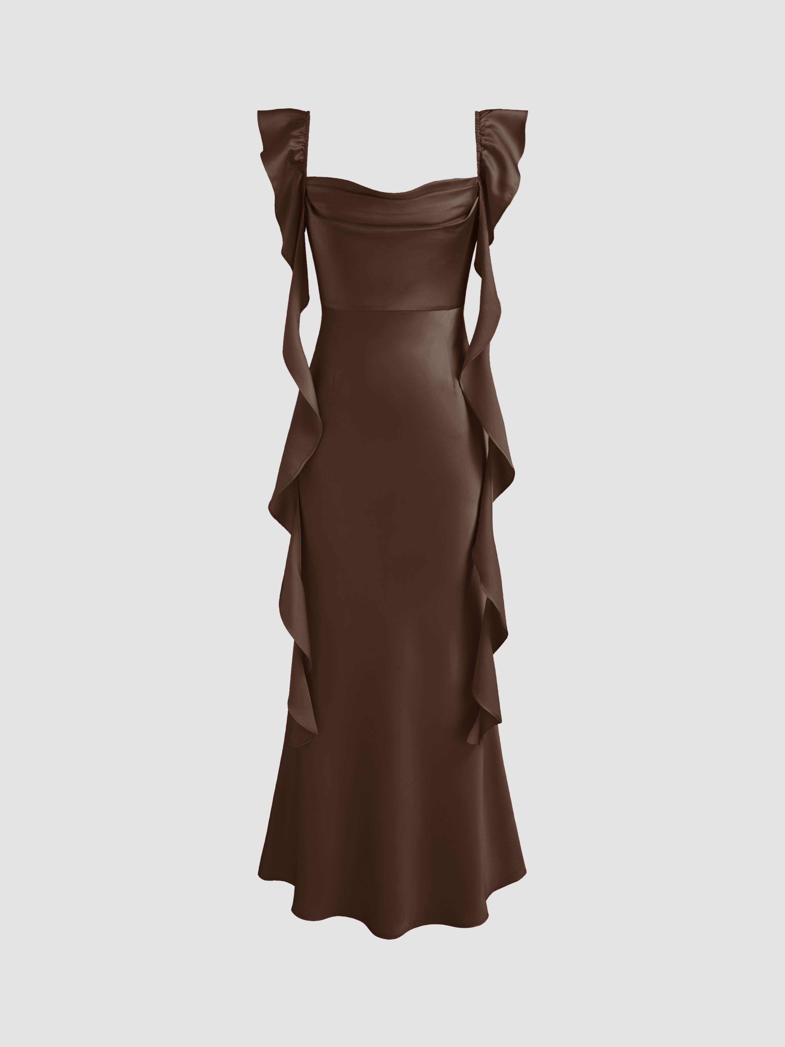 Satin Cowl Neck Solid Ruffle Hem Maxi Dress by CIDER
