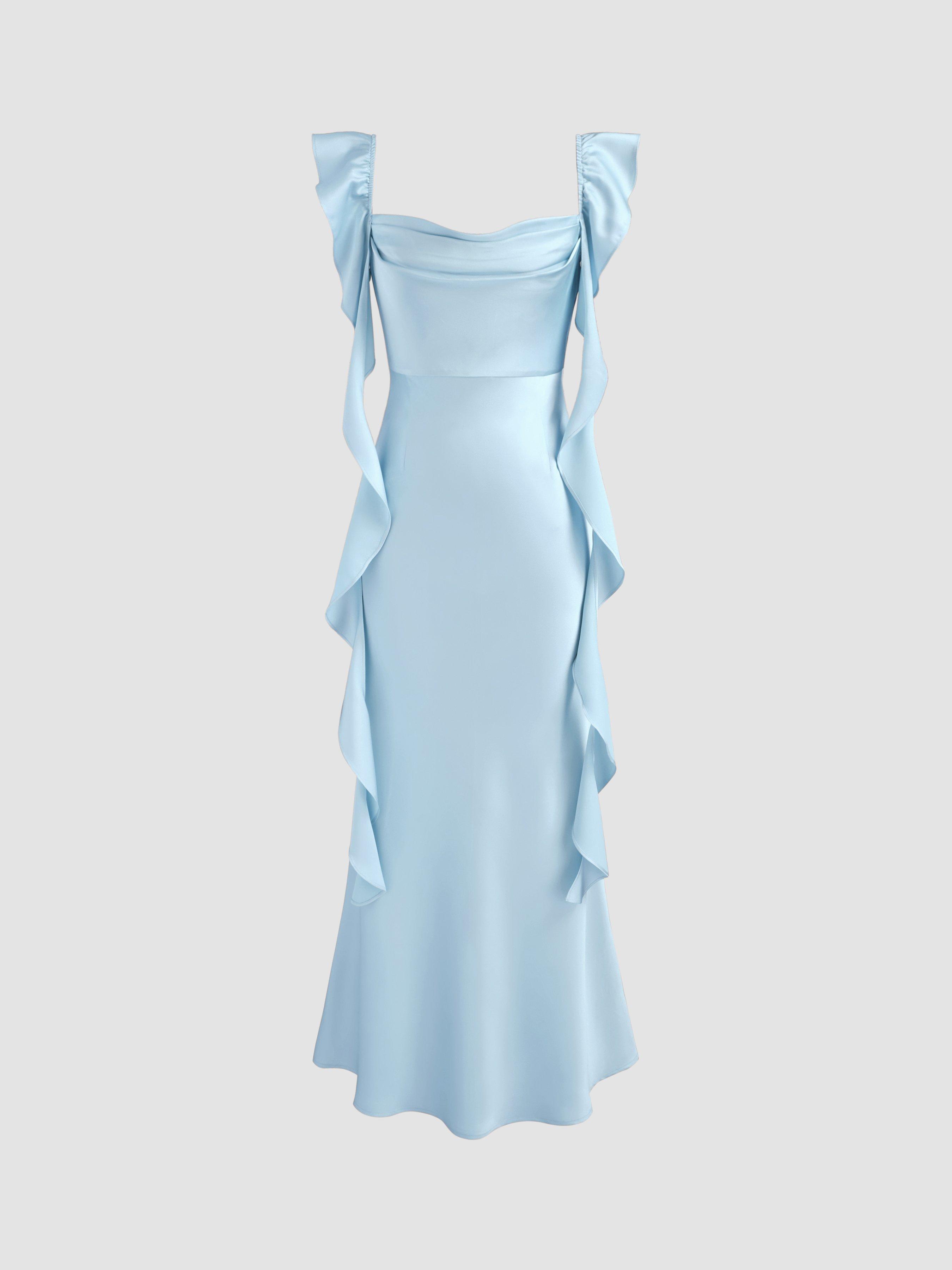 Satin Cowl Neck Solid Ruffle Hem Maxi Dress by CIDER