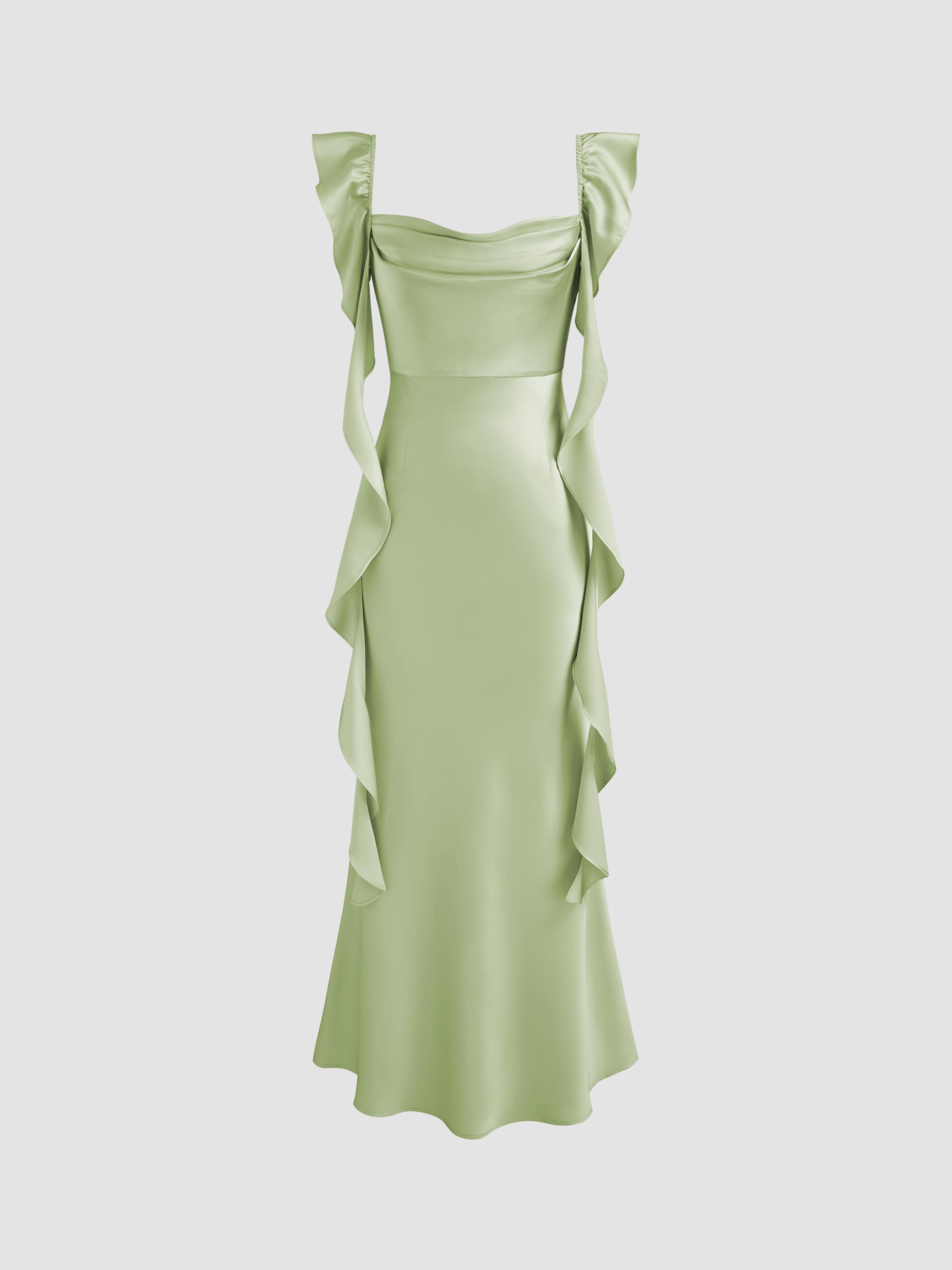 Satin Cowl Neck Solid Ruffle Hem Maxi Dress by CIDER