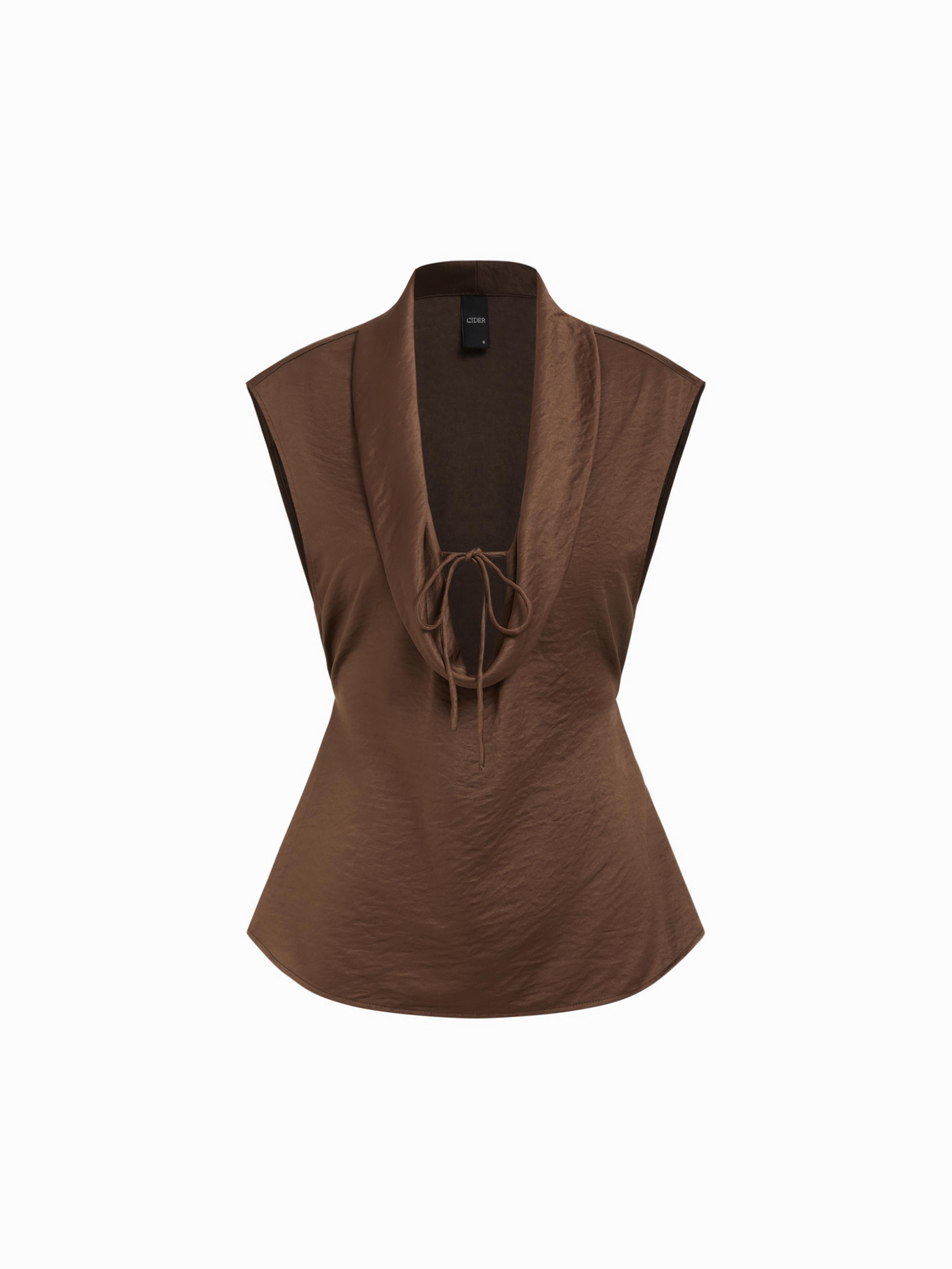 Satin Cowl Neck Tie-Front Sleeveless Blouse by CIDER