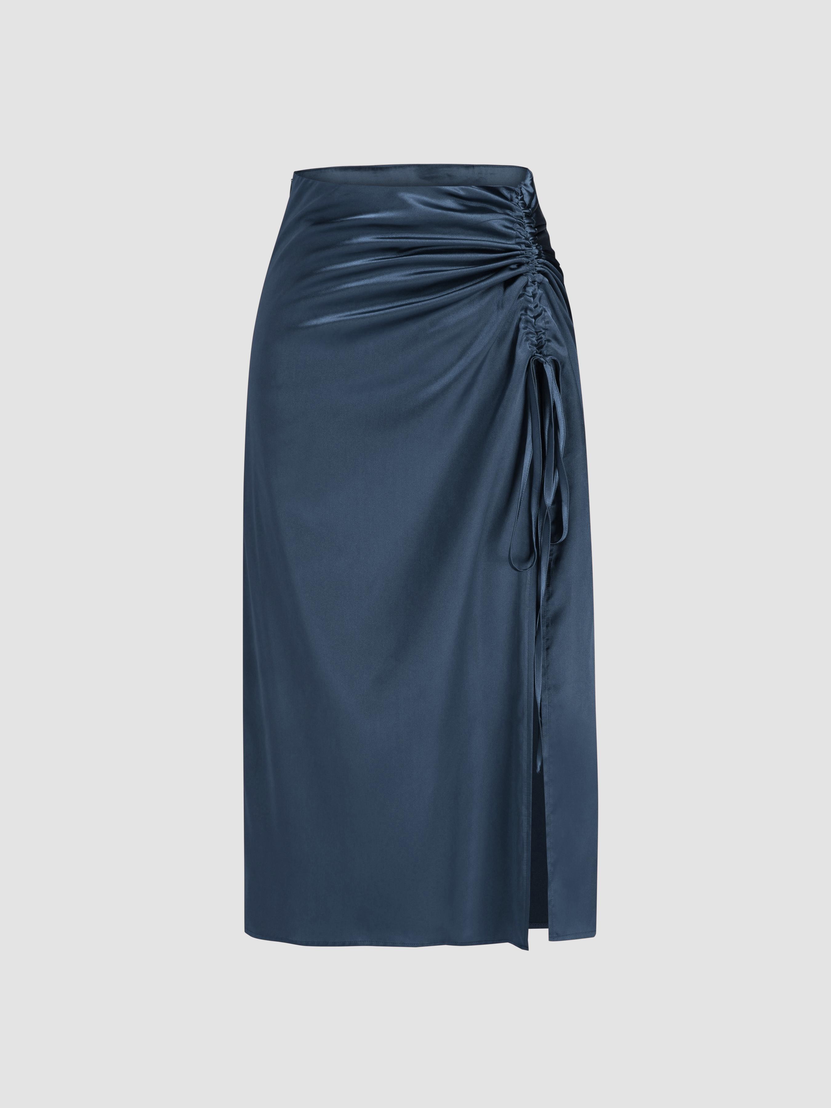 Satin Drawstring Split Midi Skirt by CIDER