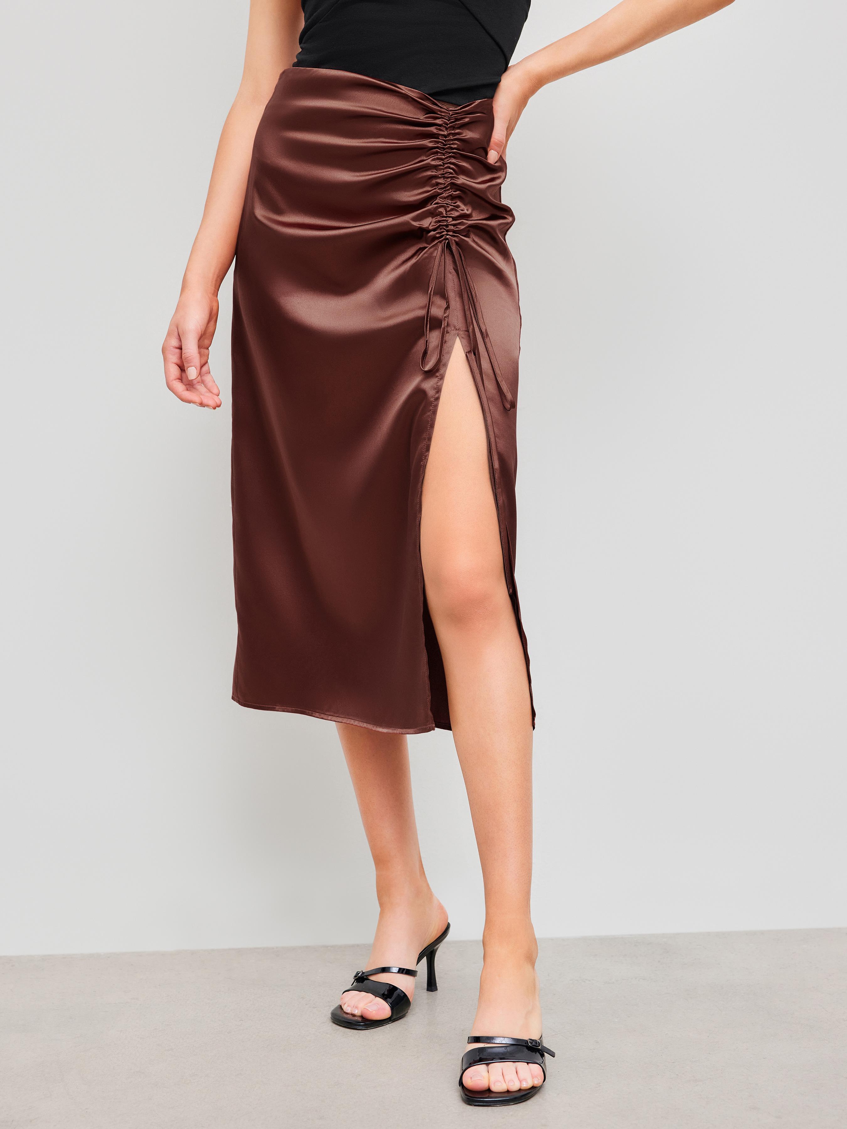 Satin Drawstring Split Midi Skirt by CIDER