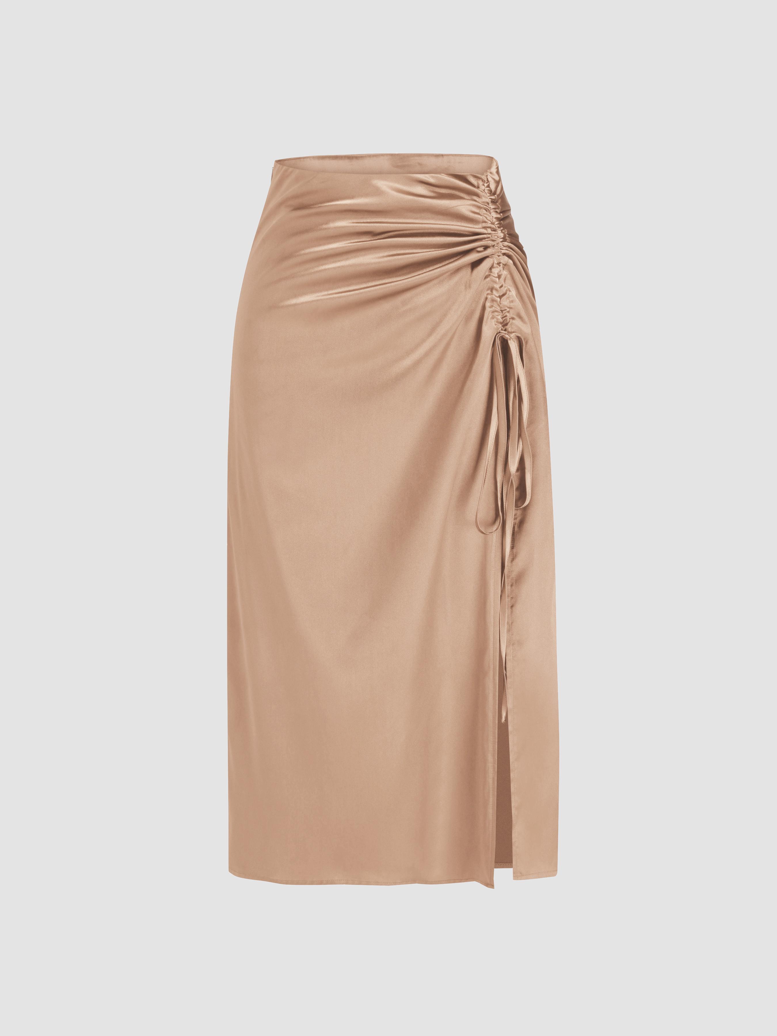 Satin Drawstring Split Midi Skirt by CIDER