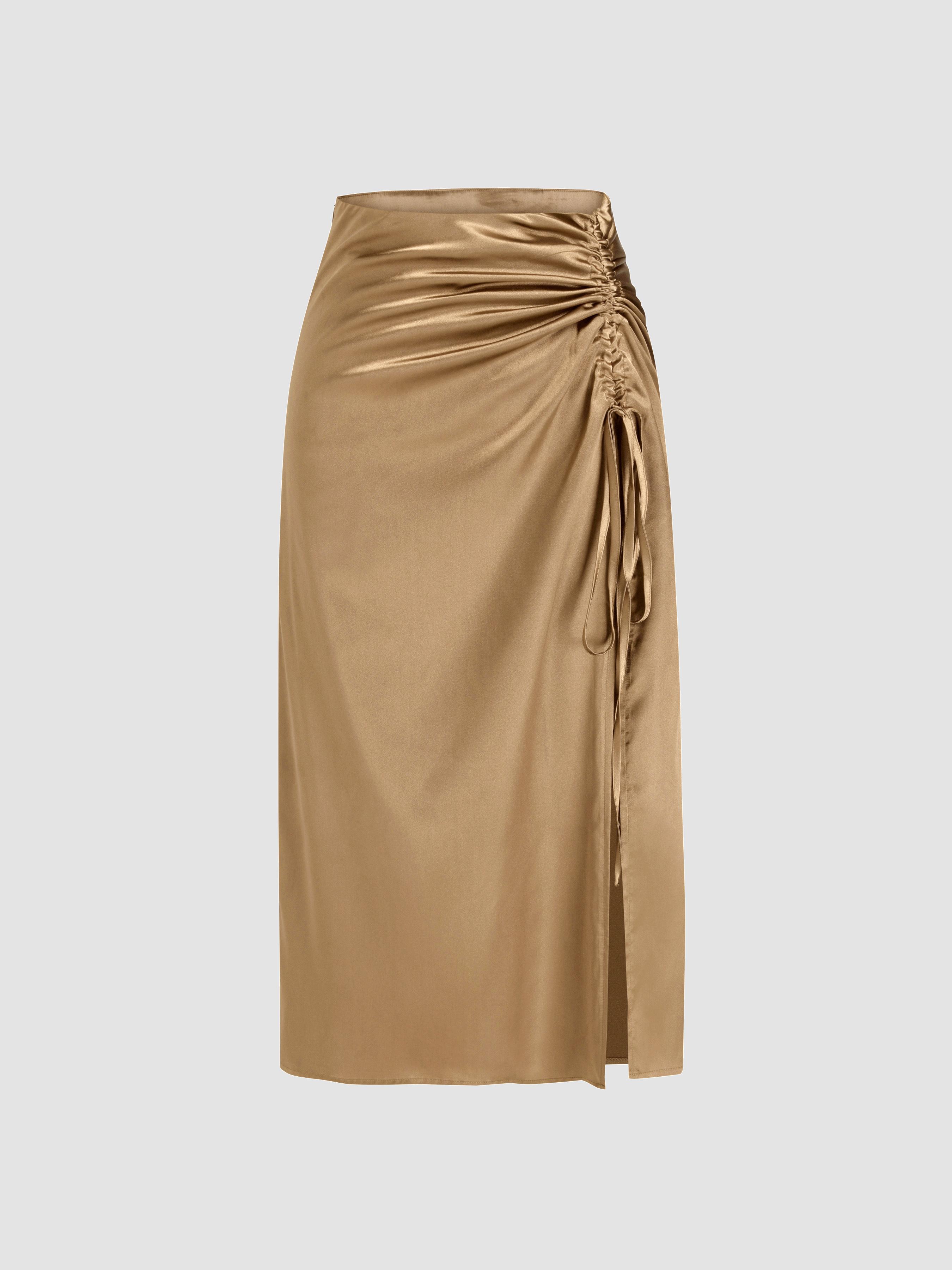 Satin Drawstring Split Midi Skirt by CIDER