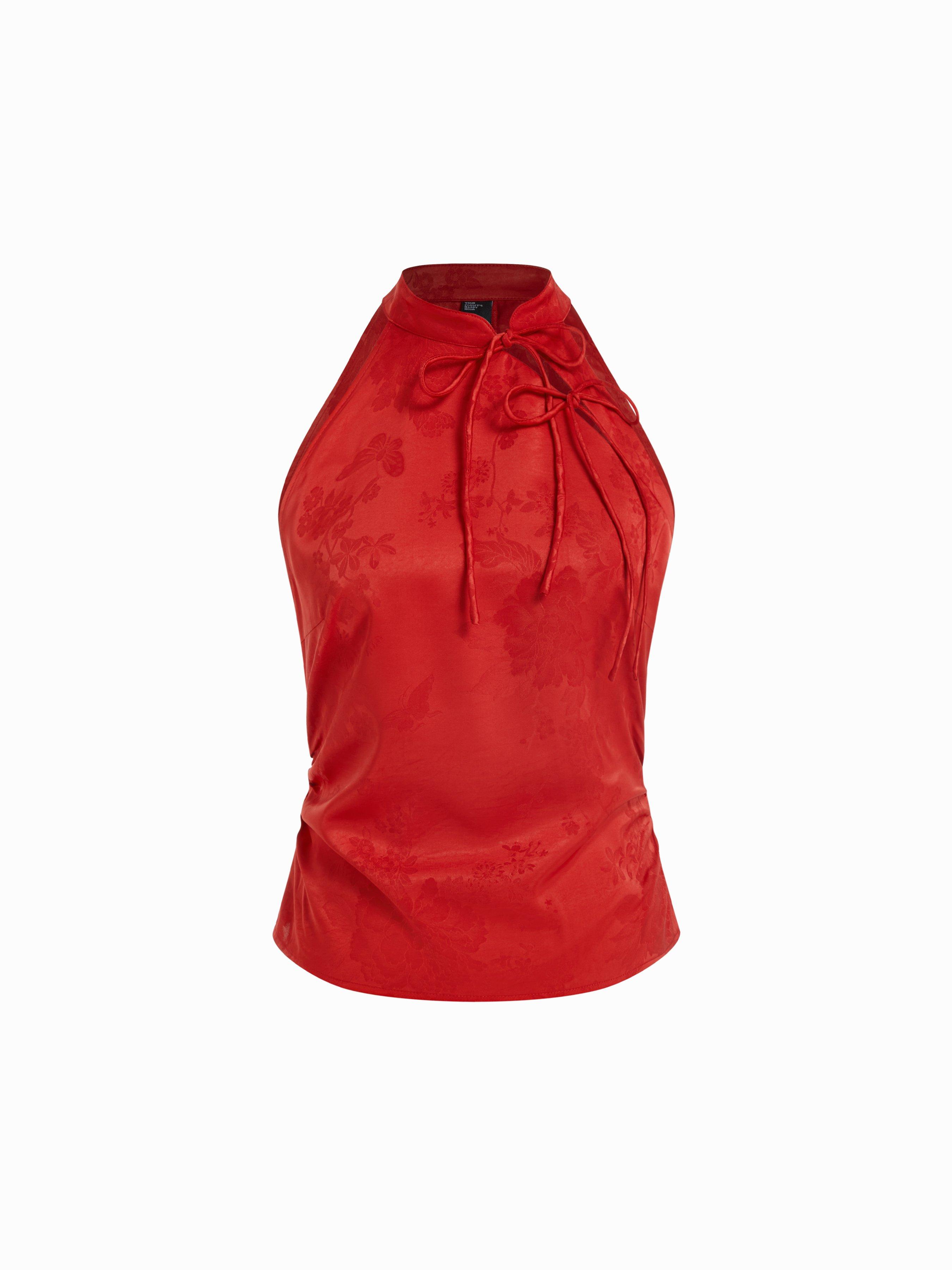 Satin Floral Jacquard Halter Neck Bowknot Cut Out Blouse by CIDER