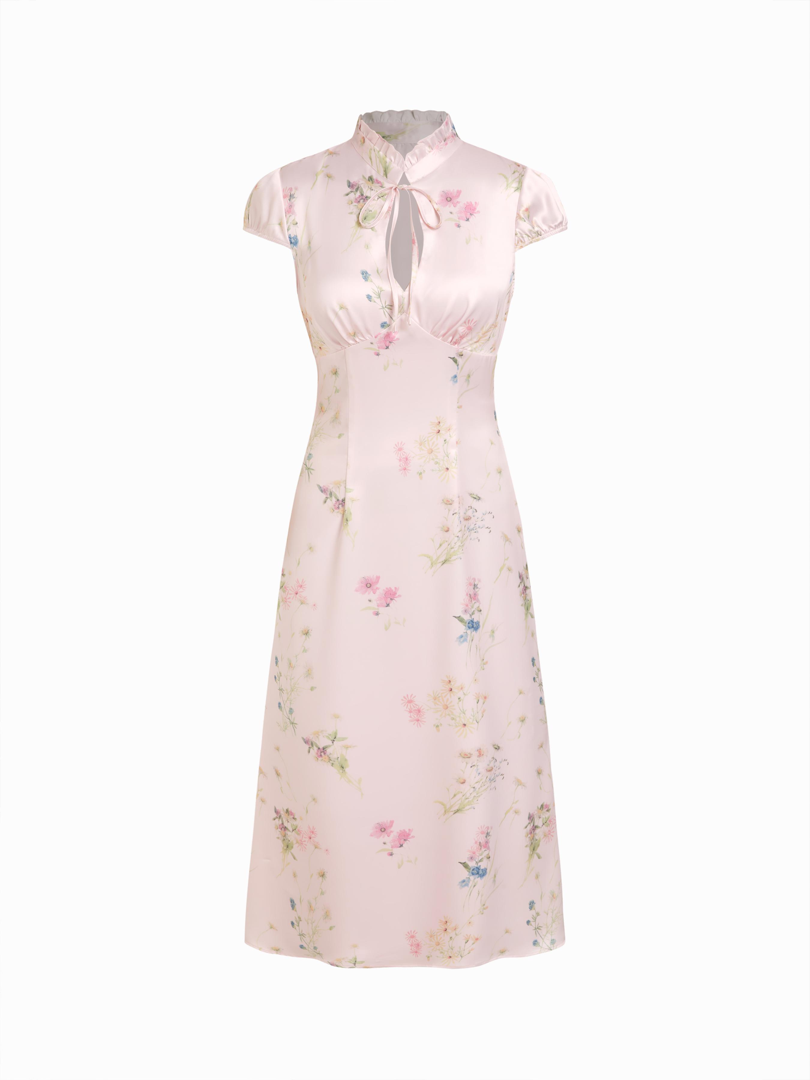 Satin Floral Mandarin Collar Tie Front Maxi Mandarin Dress by CIDER