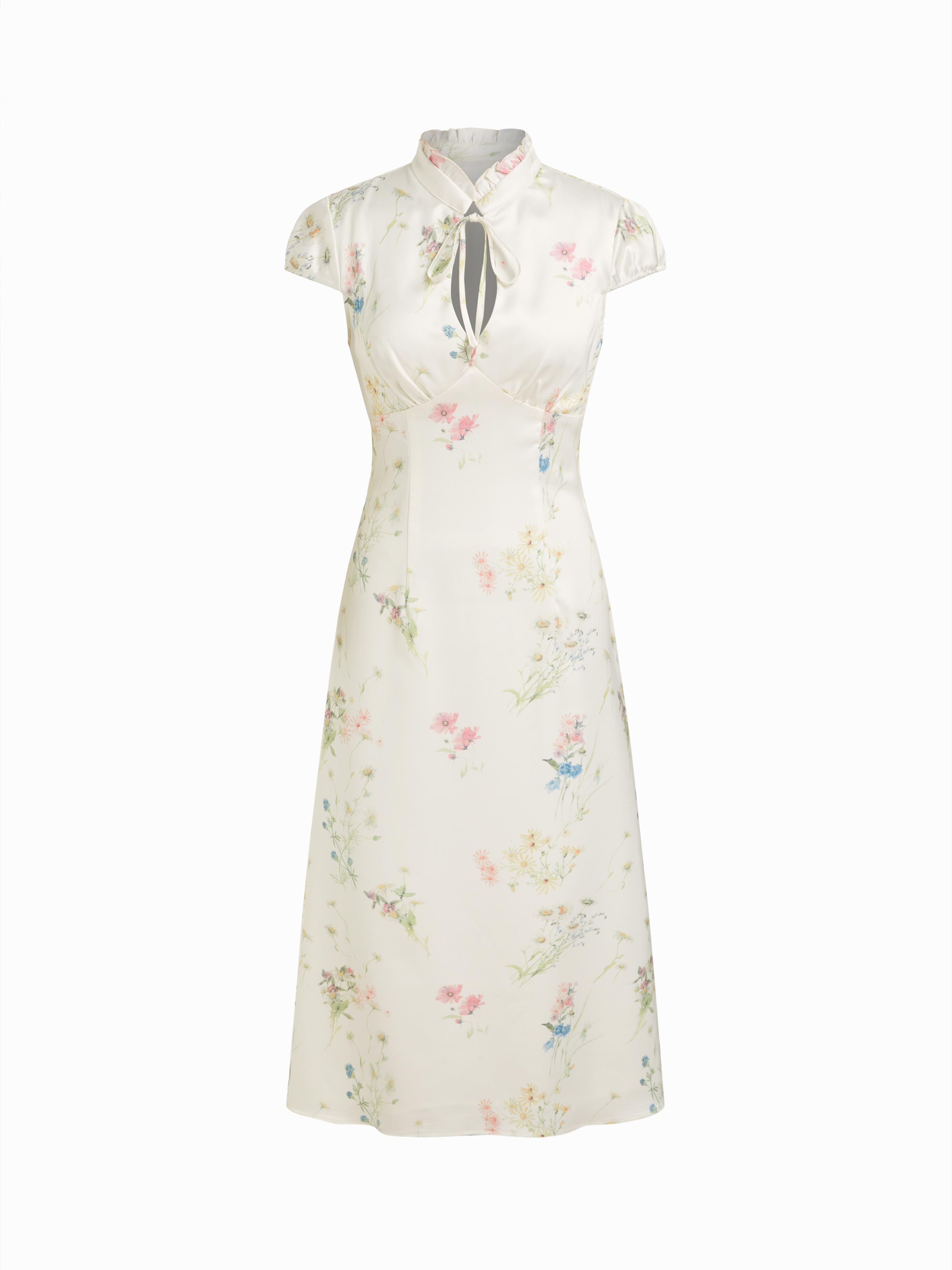 Satin Floral Mandarin Collar Tie Front Maxi Mandarin Dress by CIDER