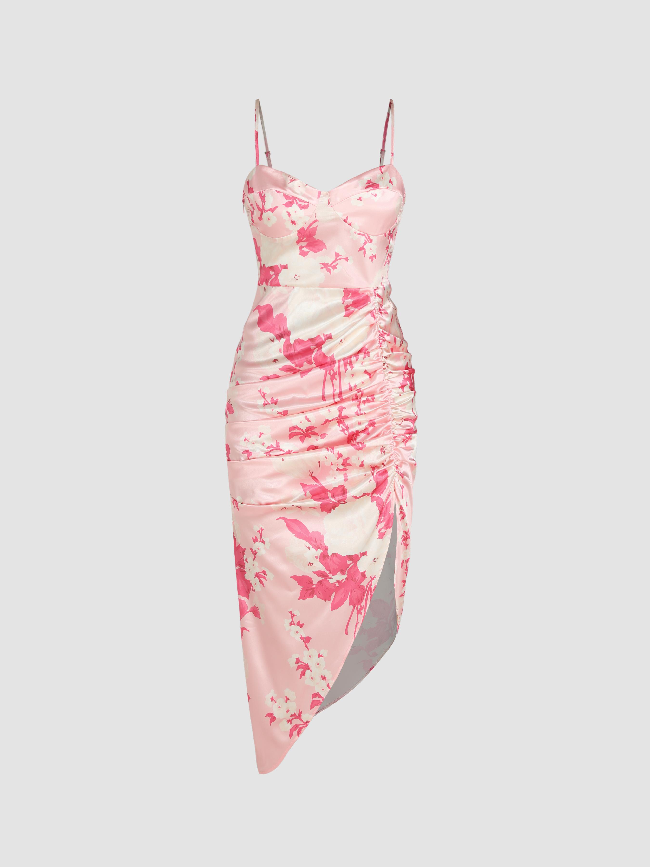 Satin Floral Ruched Split Midi Dress by CIDER