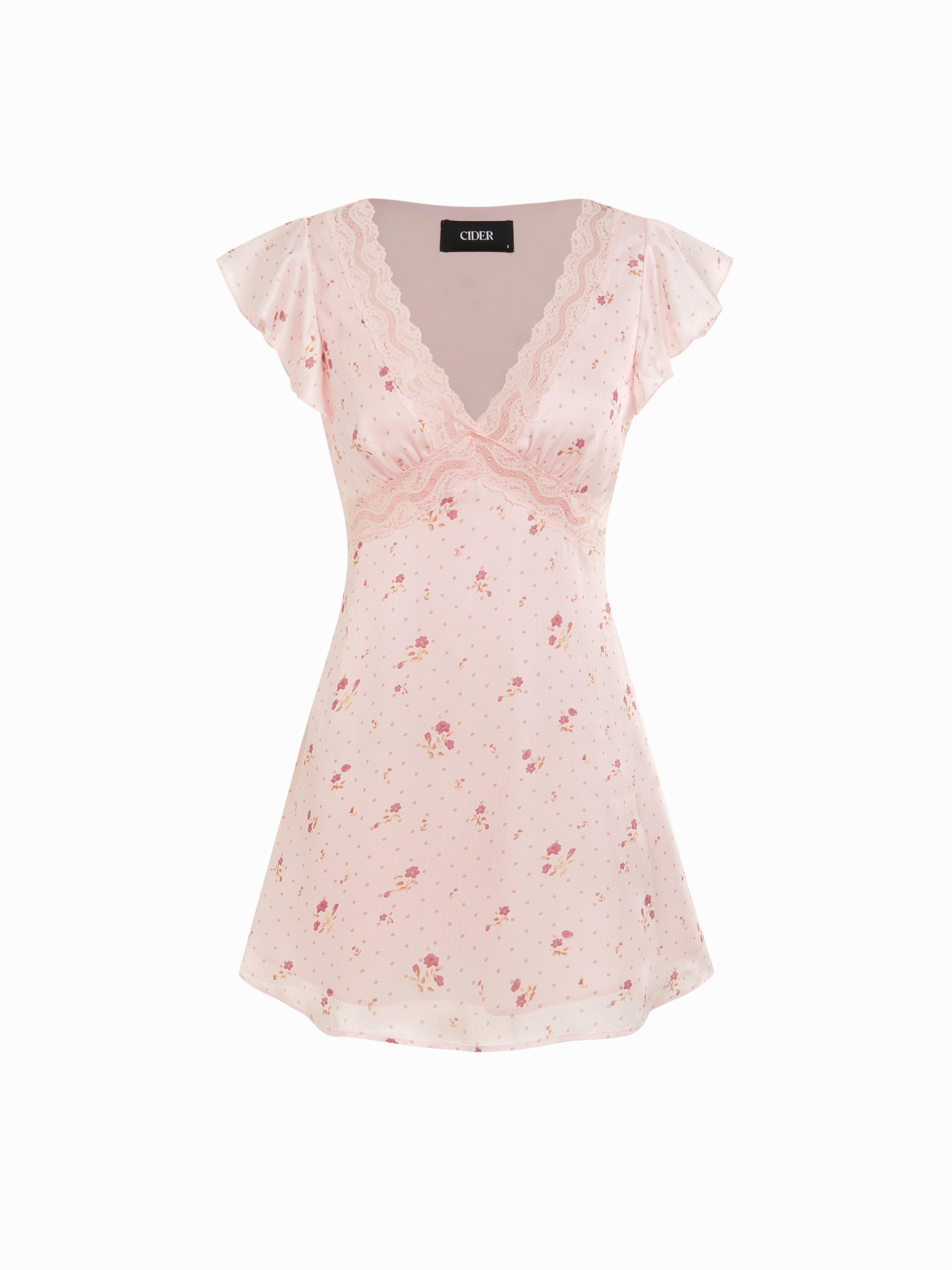 Satin Floral V-neck Ruffle Sleeve Flared Mini Dress by CIDER