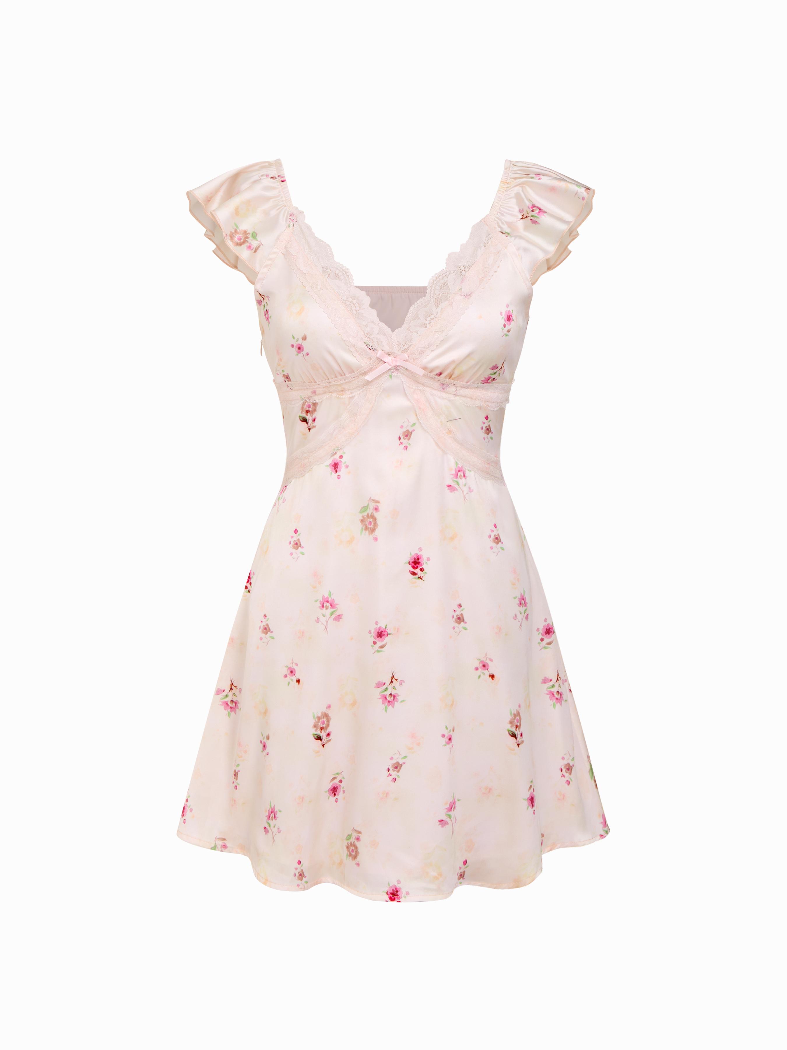 Satin Floral V-neck Ruffle Sleeve Lace A-line Mini Dress by CIDER