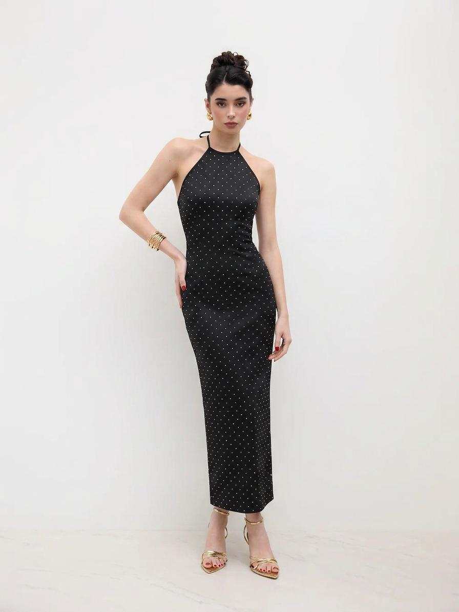 Satin Halter Neck Backless Rhinestone Detail Maxi Dress by CIDER