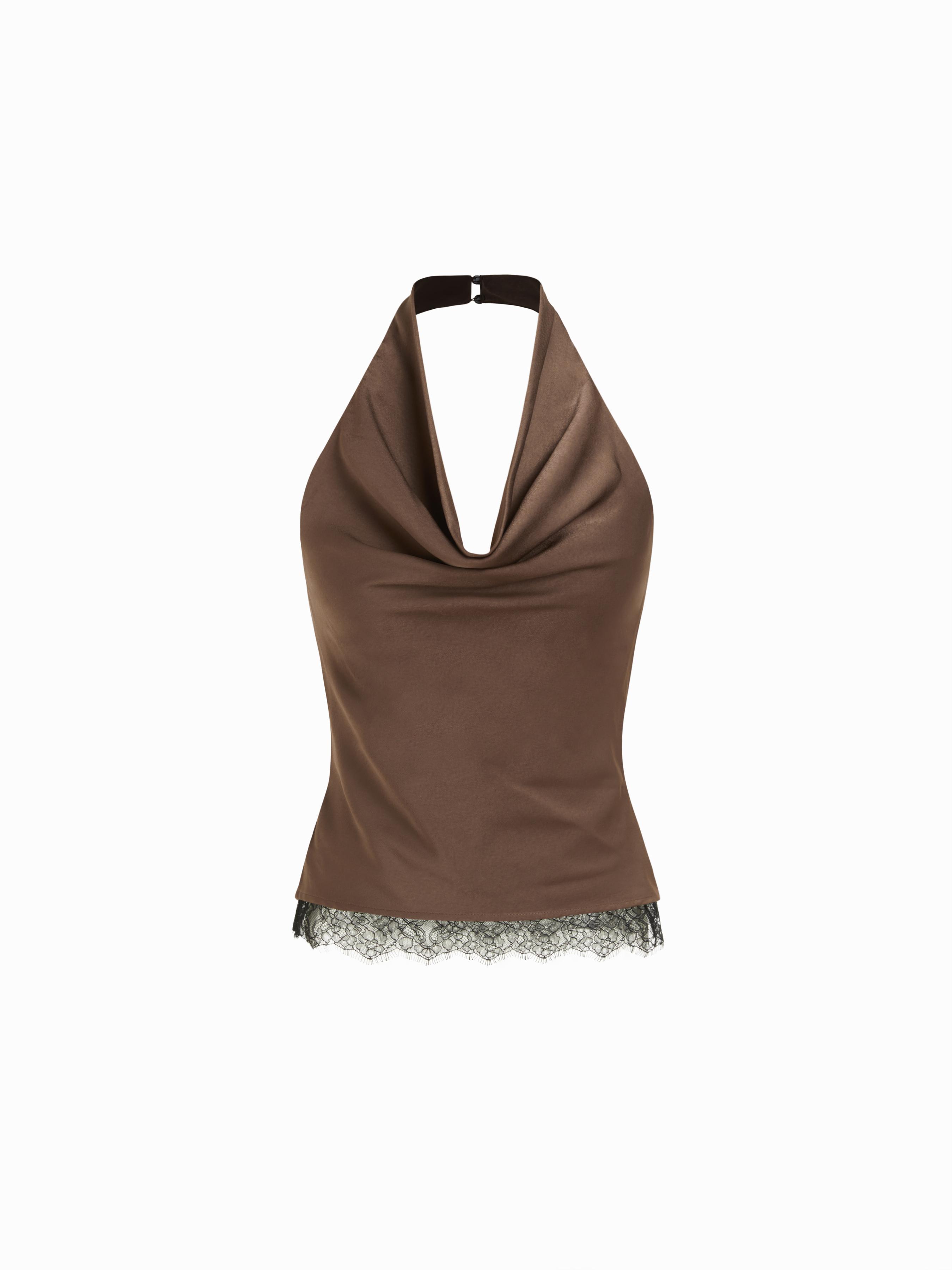 Satin Halter Neck Lace Trim Ruched Top by CIDER