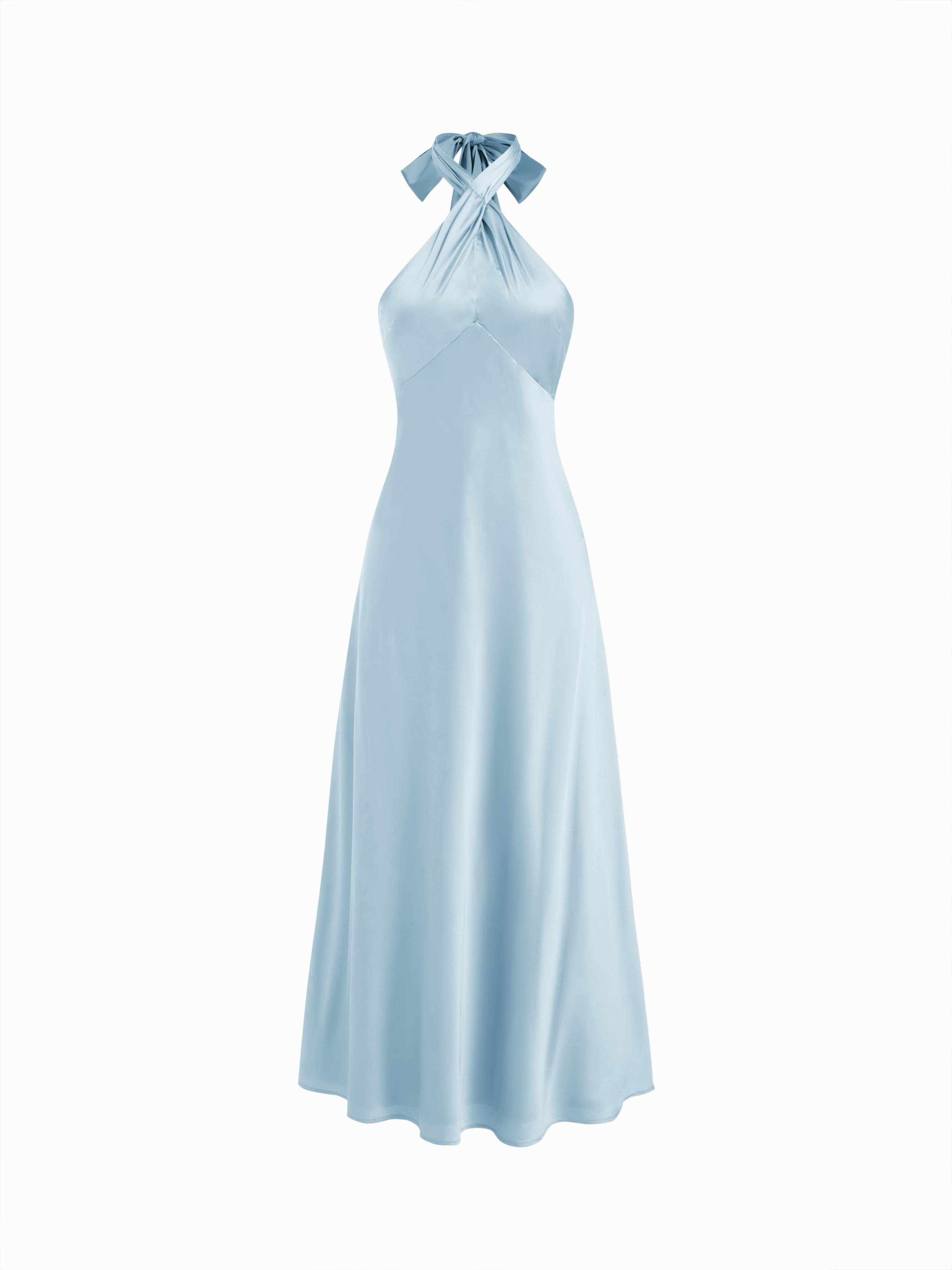 Satin Halter Neck Twist Knotted A-line Maxi Dress by CIDER