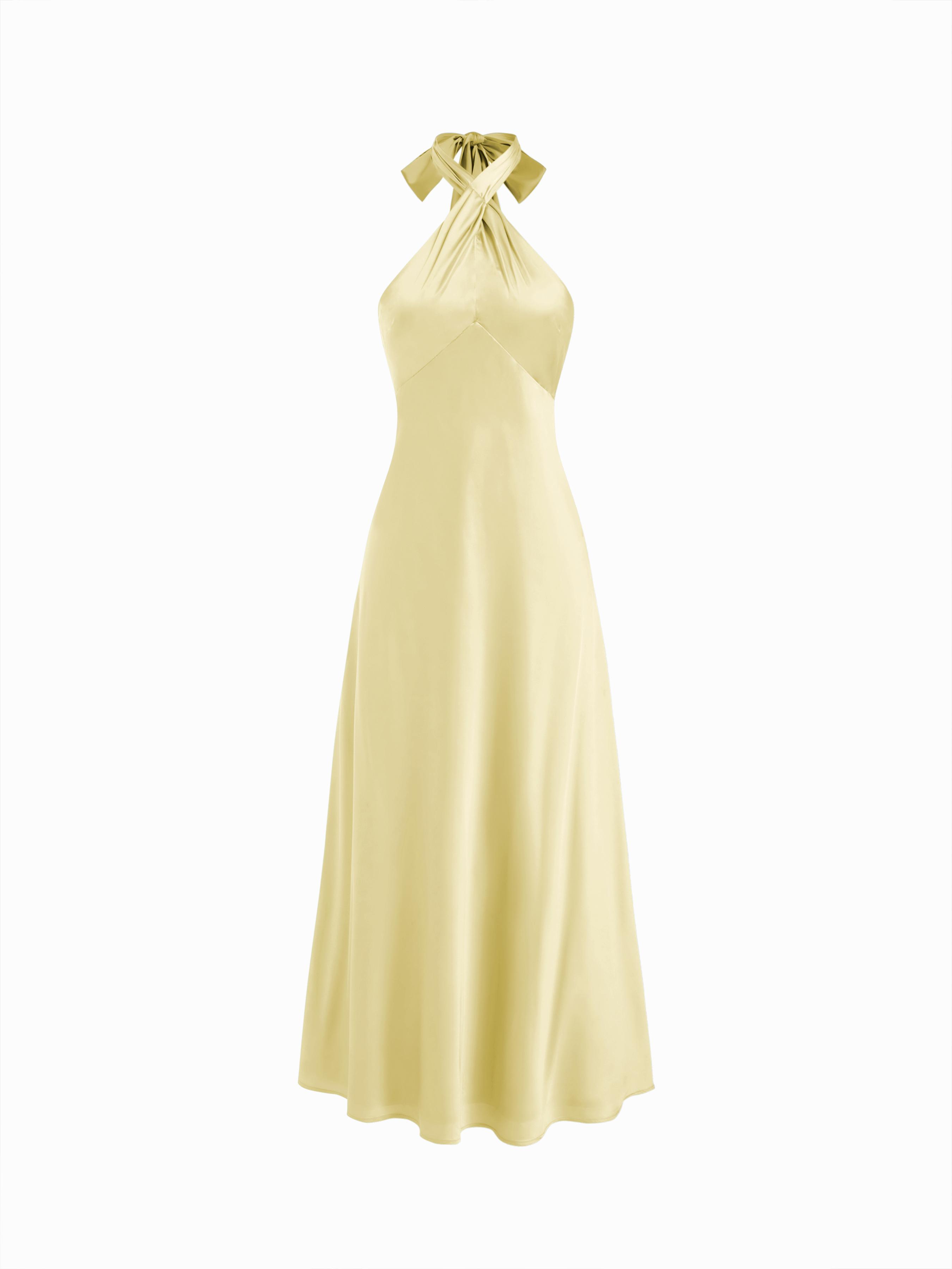 Satin Halter Neck Twist Knotted A-line Maxi Dress by CIDER
