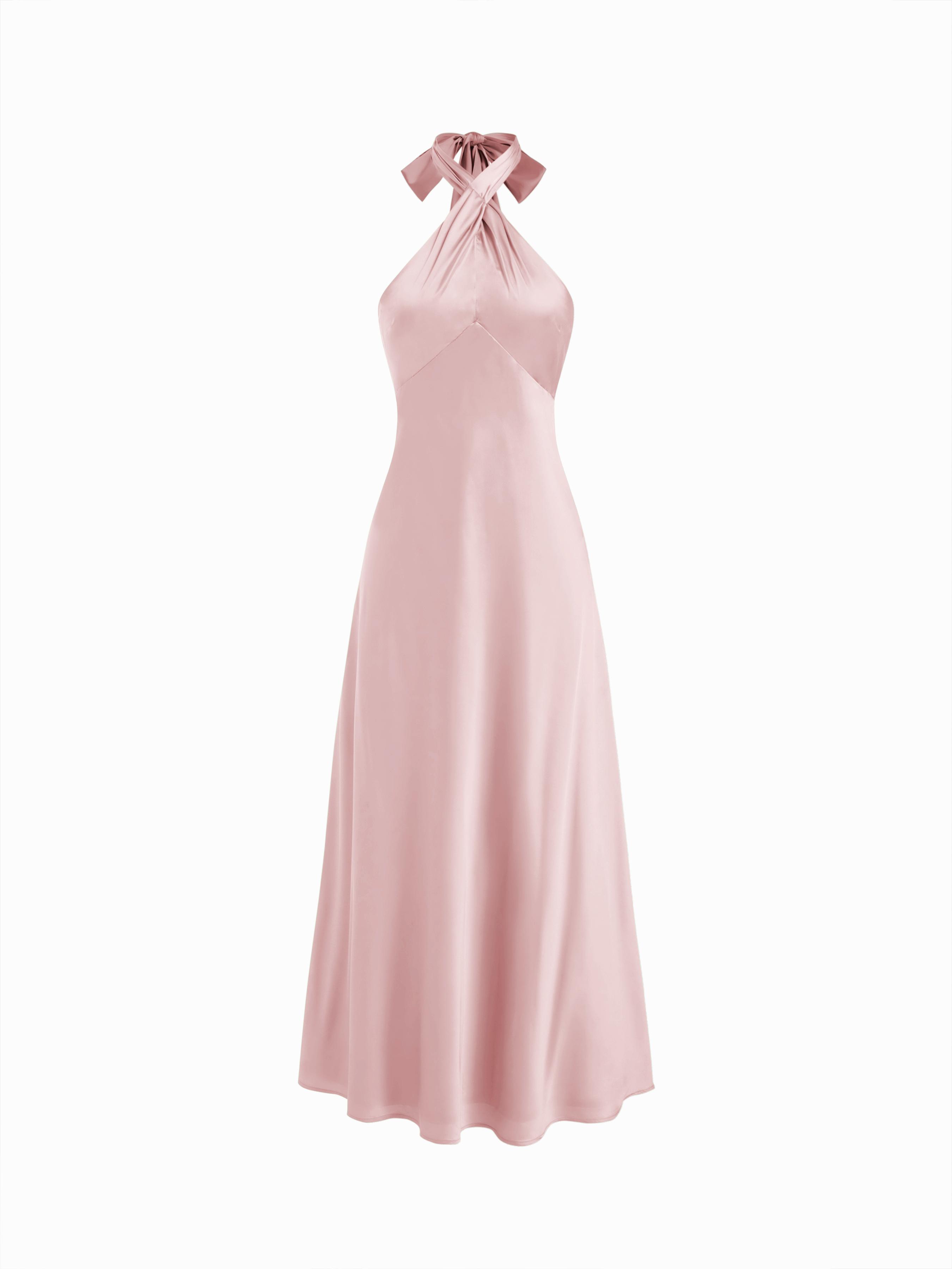 Satin Halter Neck Twist Knotted A-line Maxi Dress by CIDER