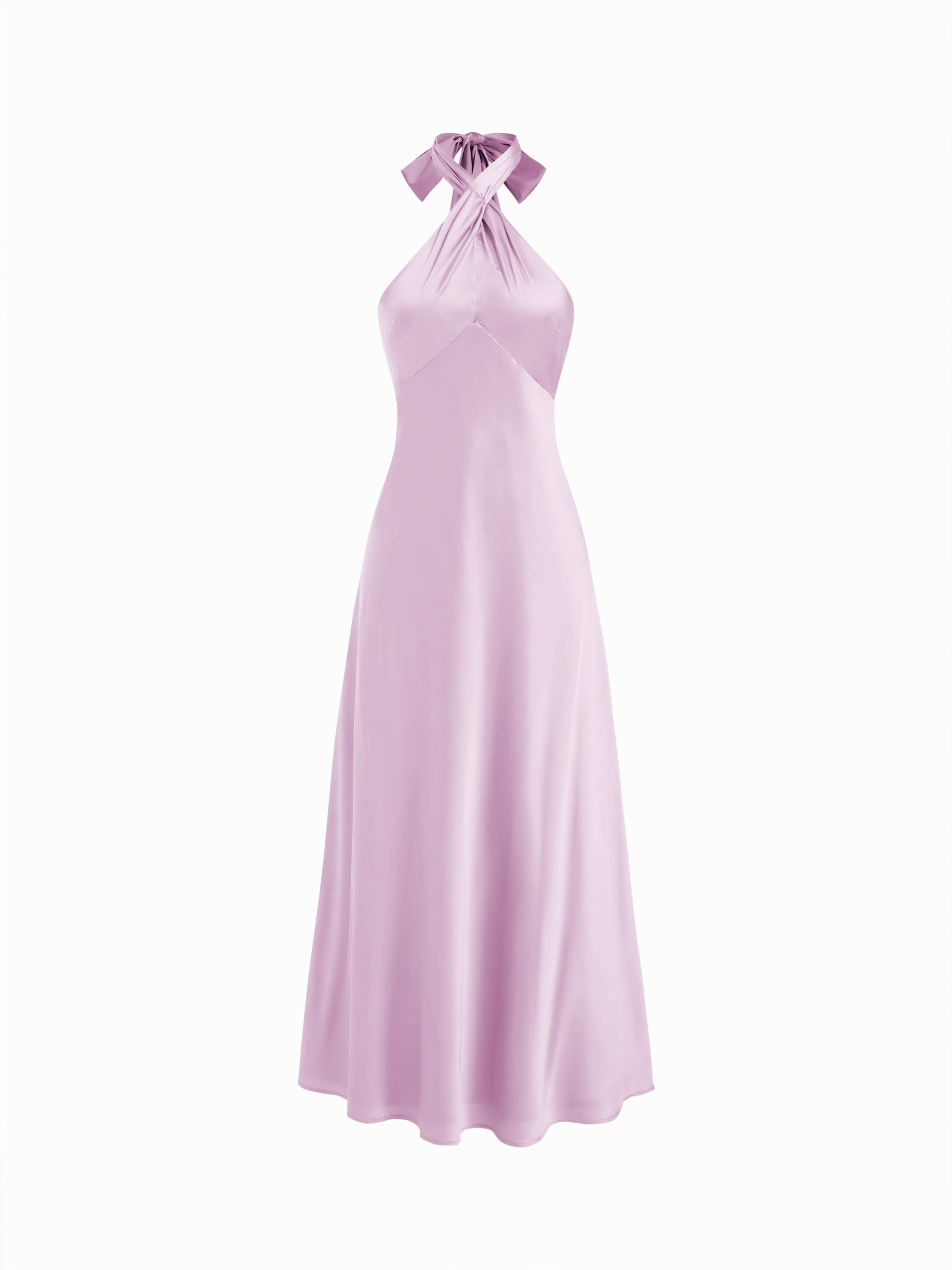 Satin Halter Neck Twist Knotted A-line Maxi Dress by CIDER