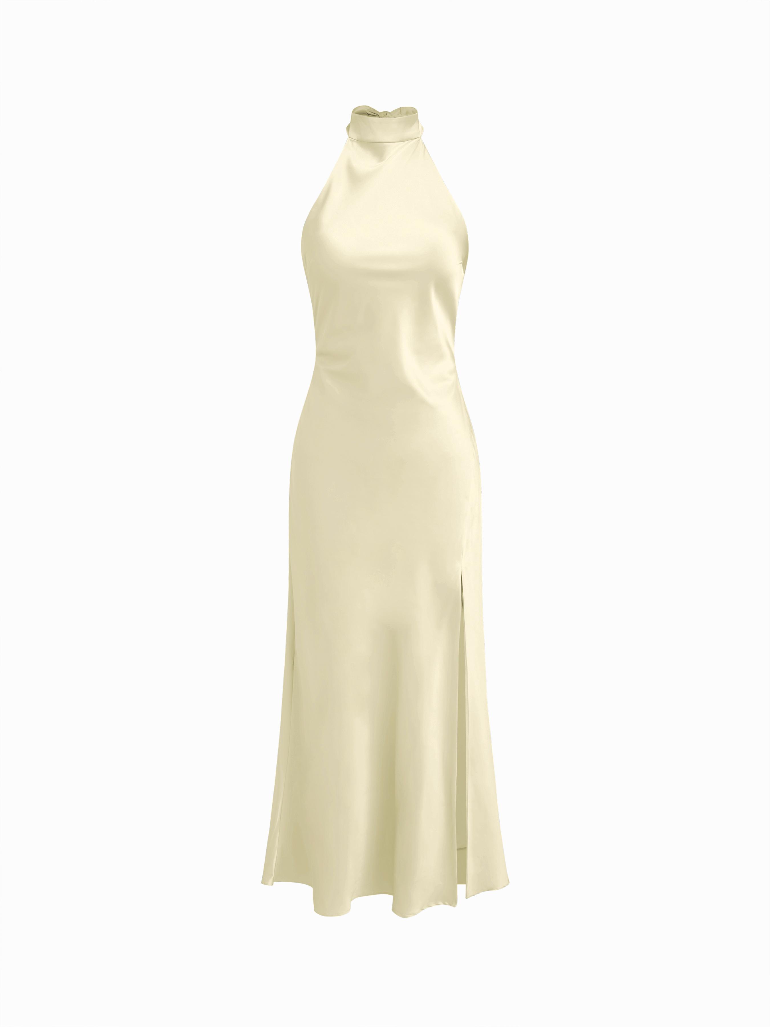 Satin Halter Neck Wrap High Rise Mermaid Maxi Dress by CIDER