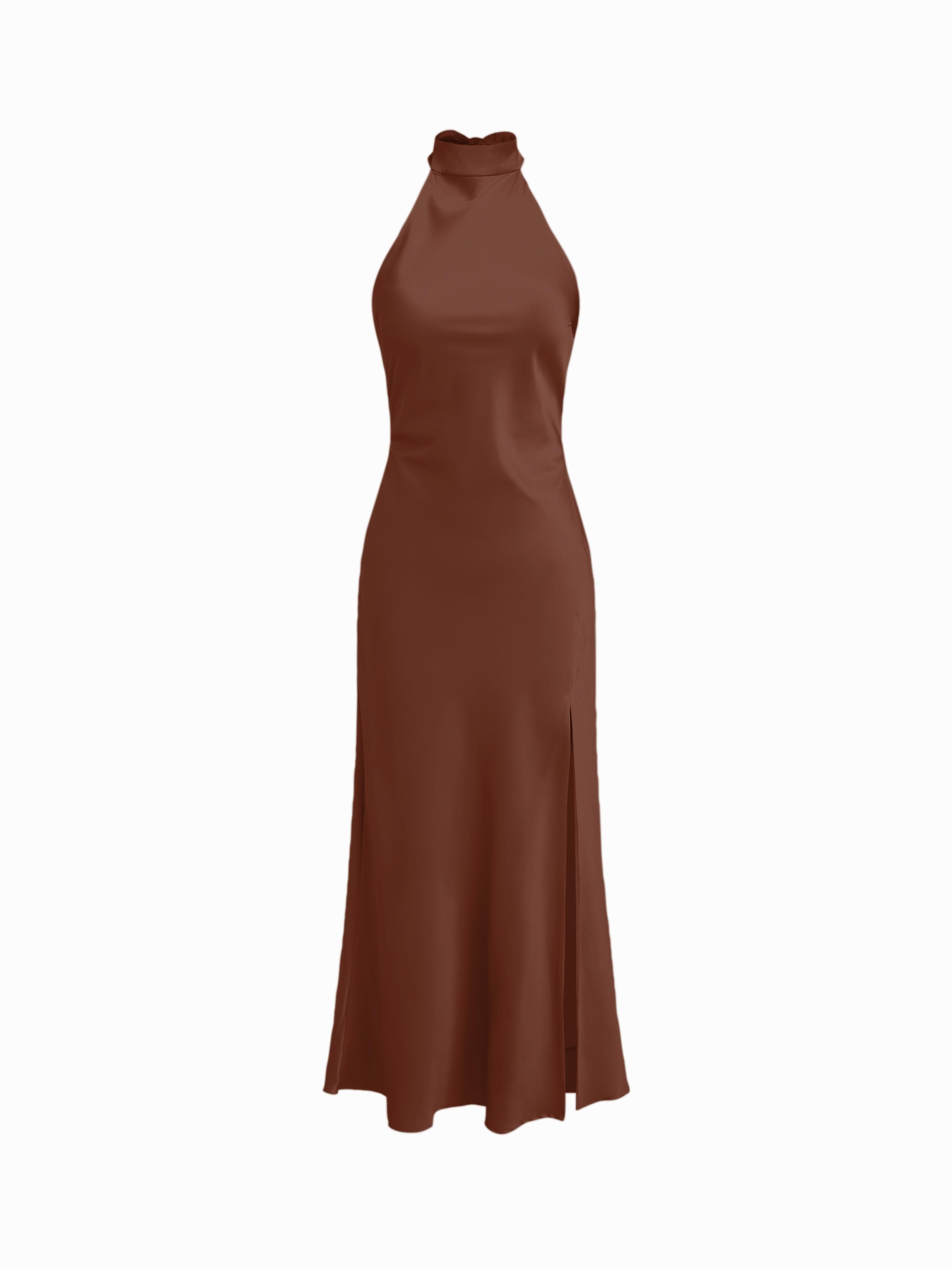 Satin Halter Neck Wrap High Rise Mermaid Maxi Dress by CIDER