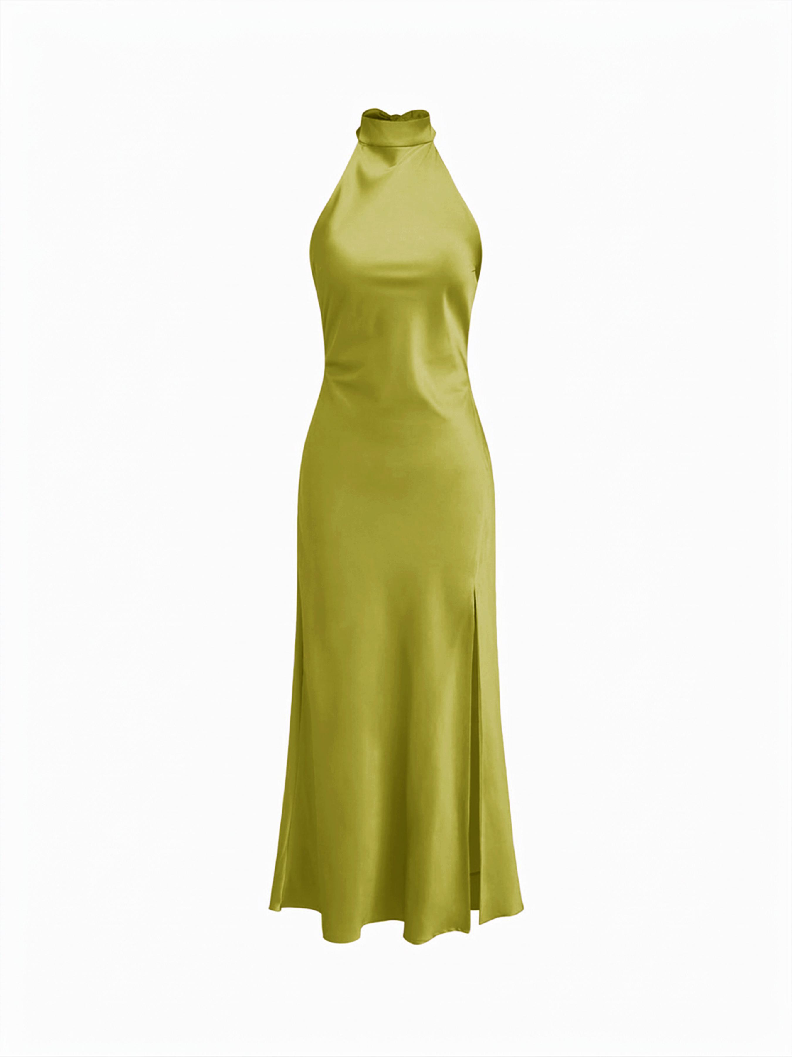 Satin Halter Neck Wrap High Rise Mermaid Maxi Dress by CIDER