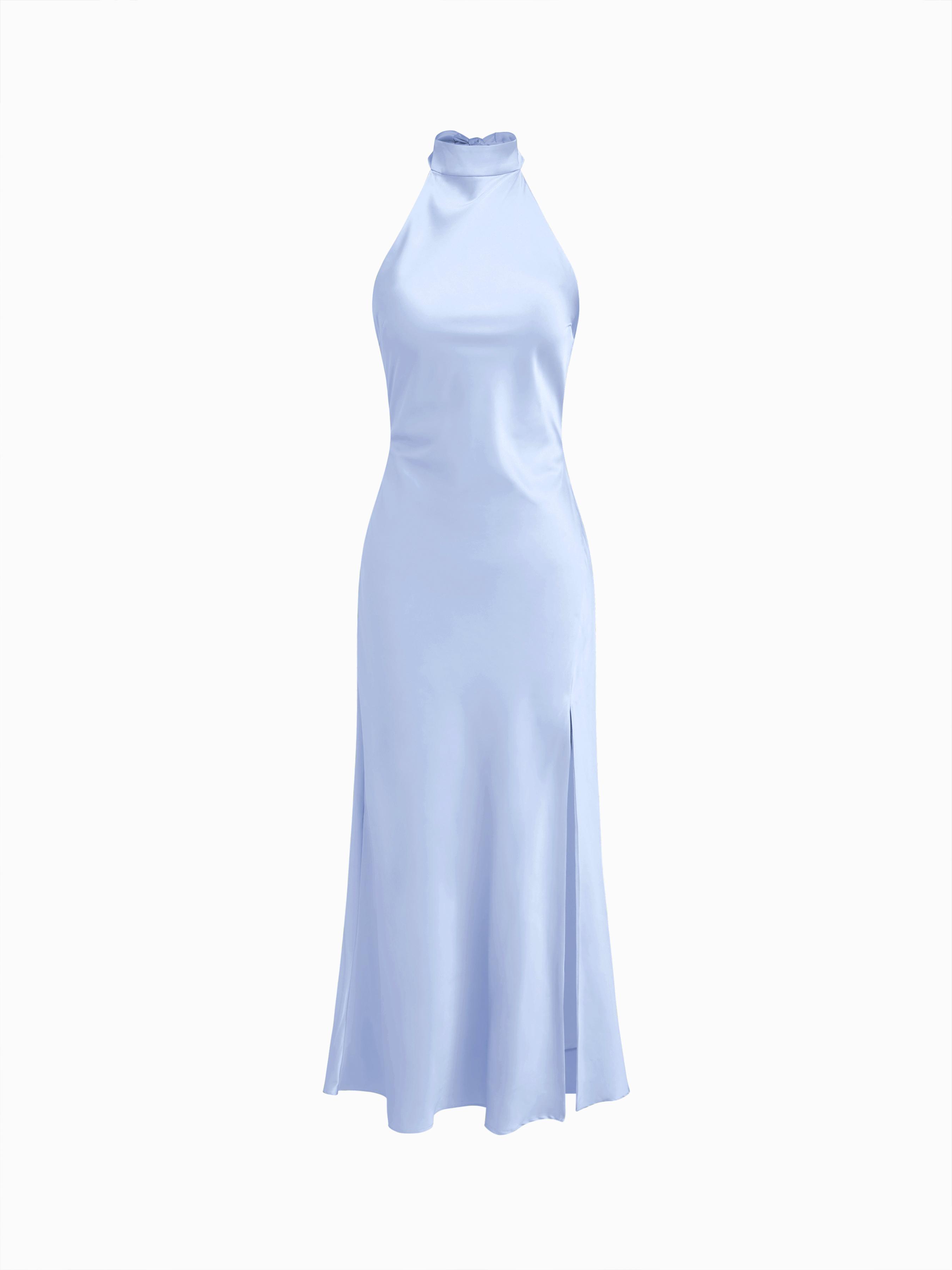 Satin Halter Neck Wrap High Rise Mermaid Maxi Dress by CIDER