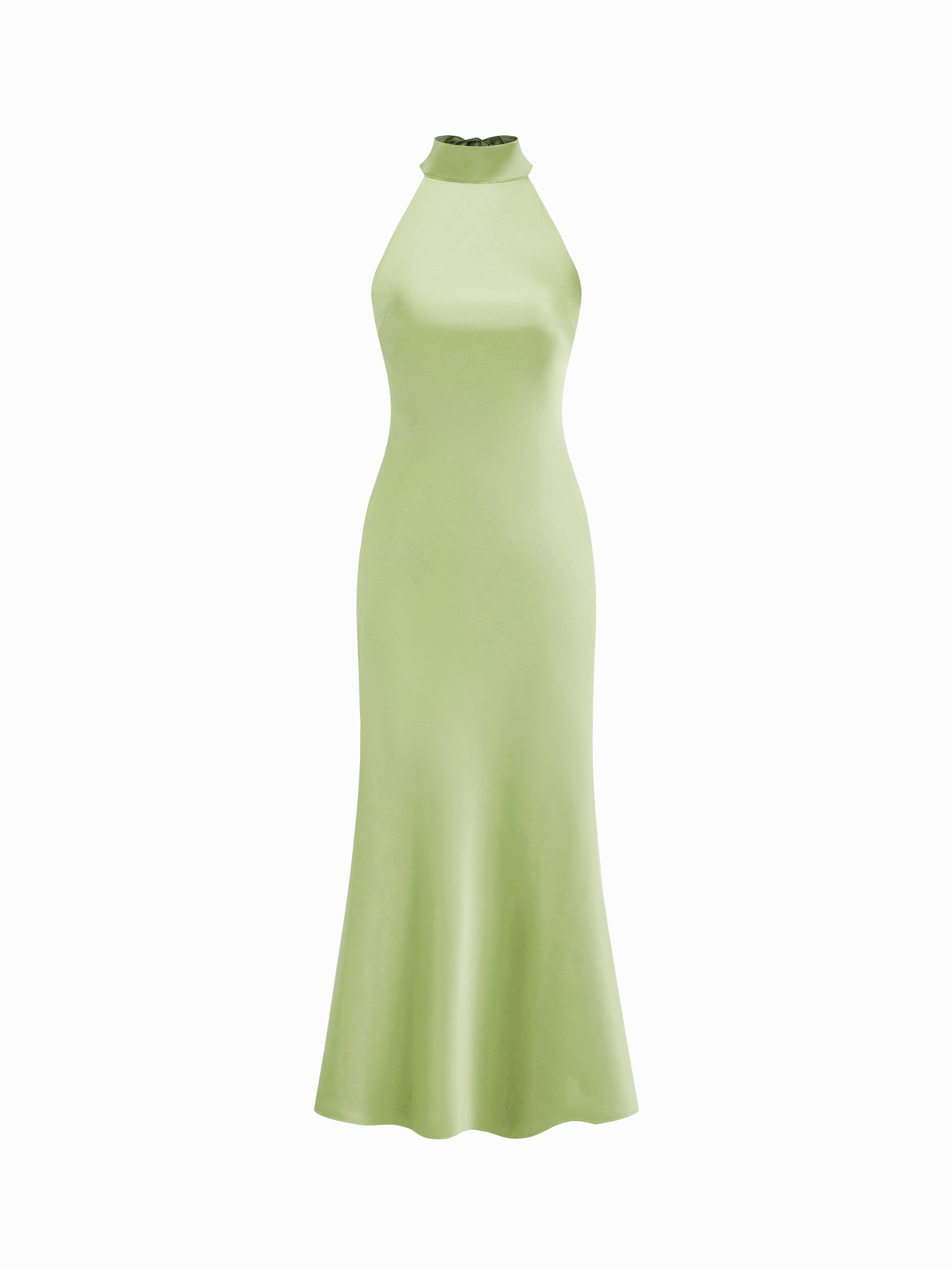 Satin Halter Neckline Backless Maxi Dress by CIDER