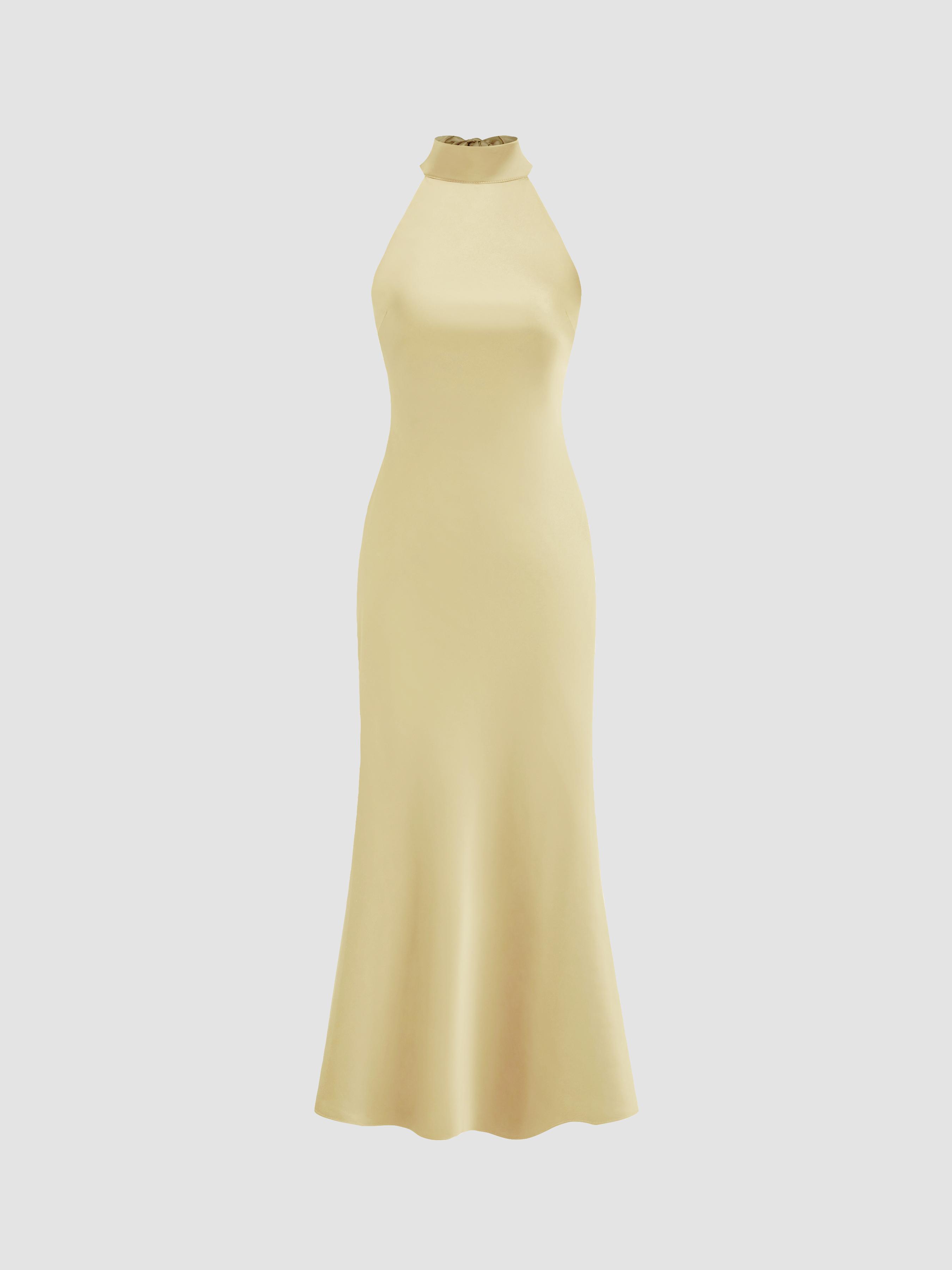 Satin Halter Neckline Backless Maxi Dress by CIDER