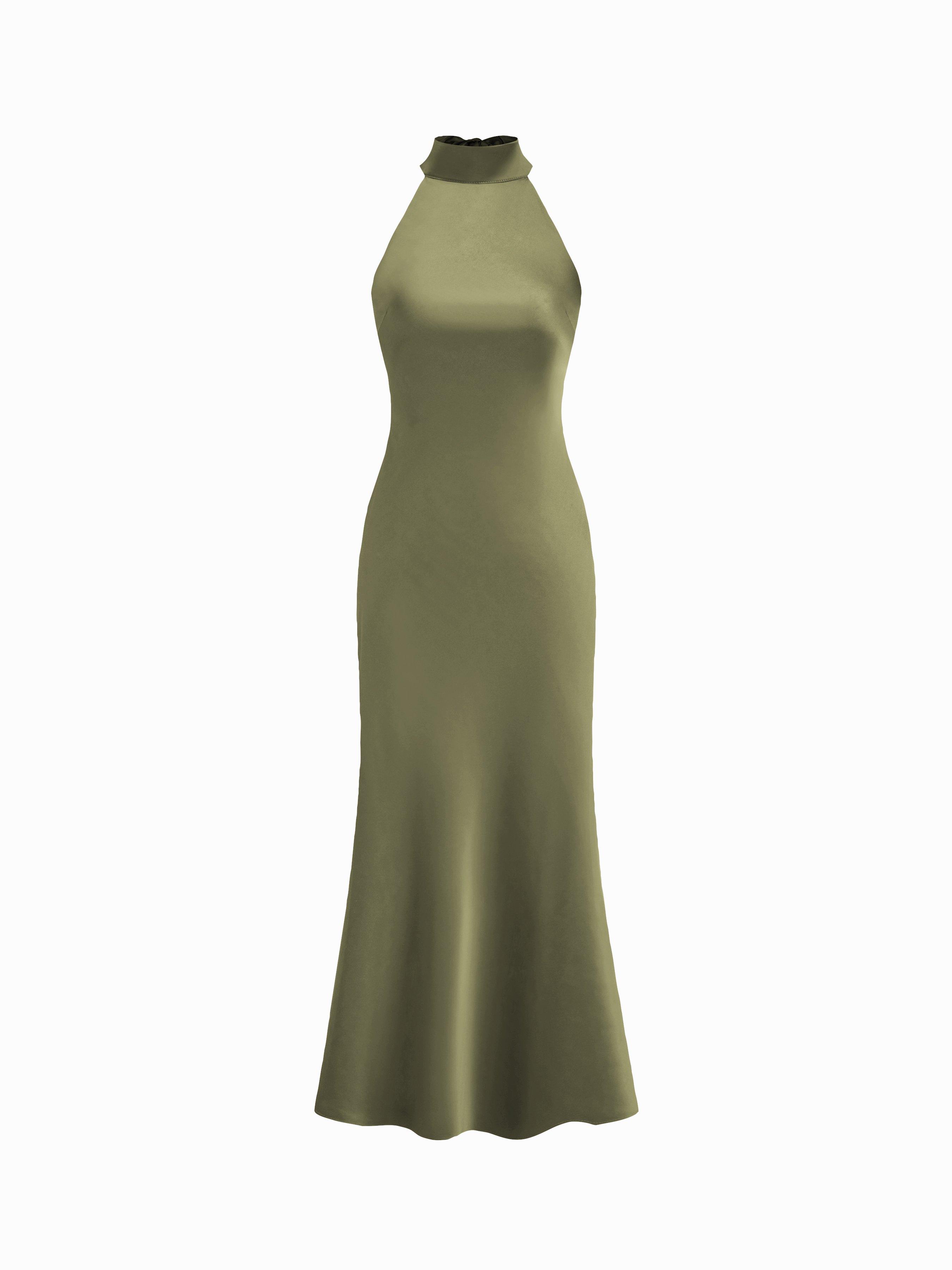 Satin Halter Neckline Backless Maxi Dress by CIDER