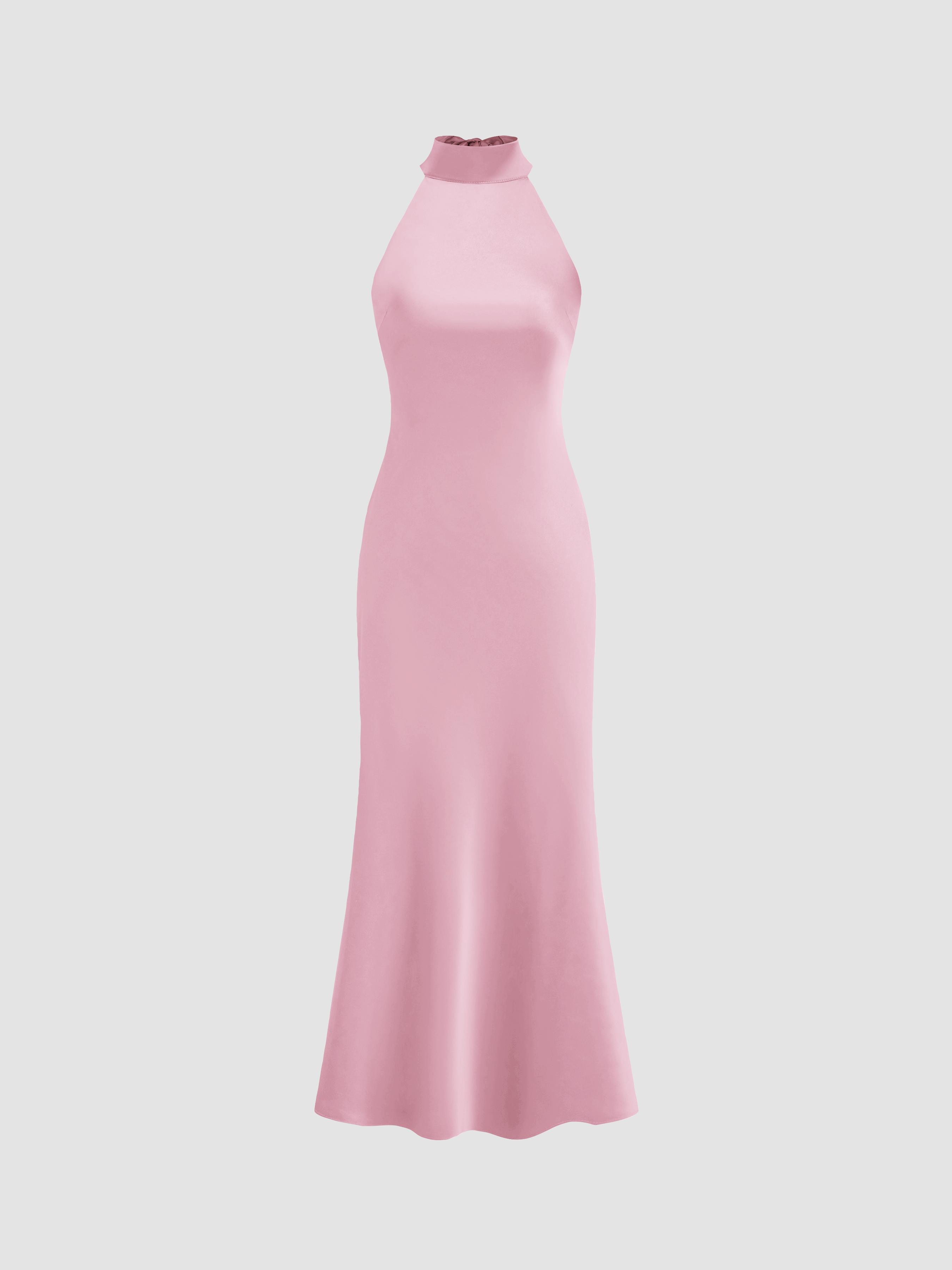 Satin Halter Neckline Backless Maxi Dress by CIDER
