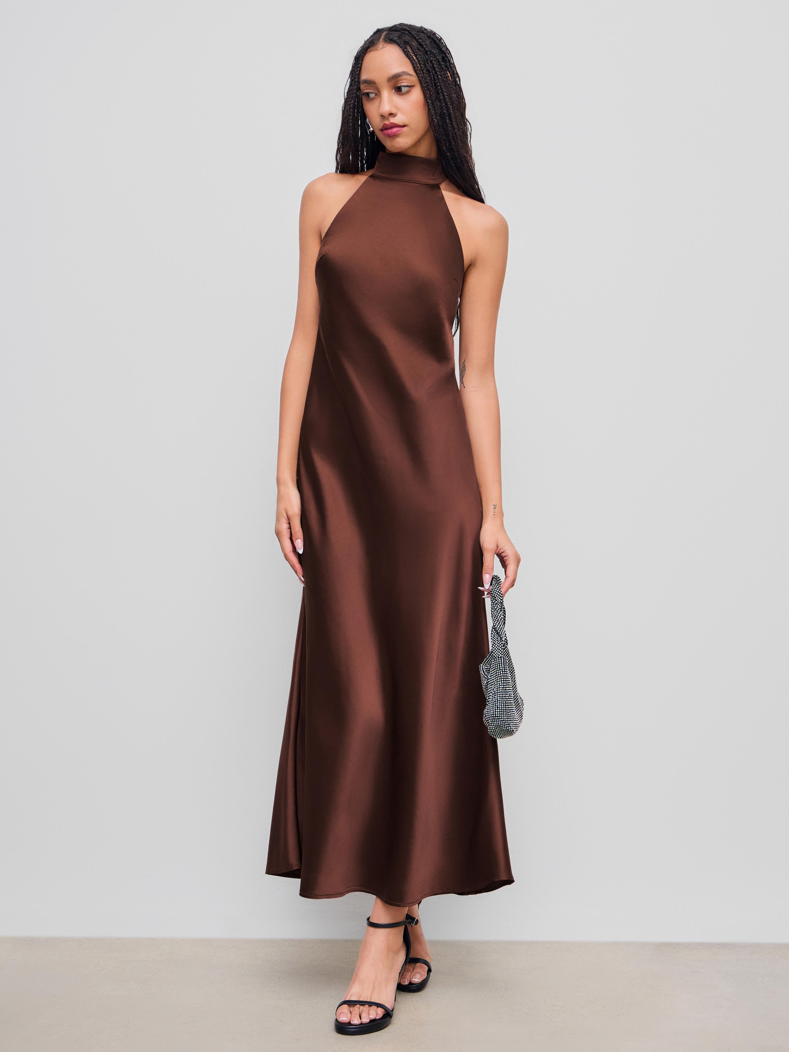 Satin Halter Neckline Backless Maxi Dress by CIDER