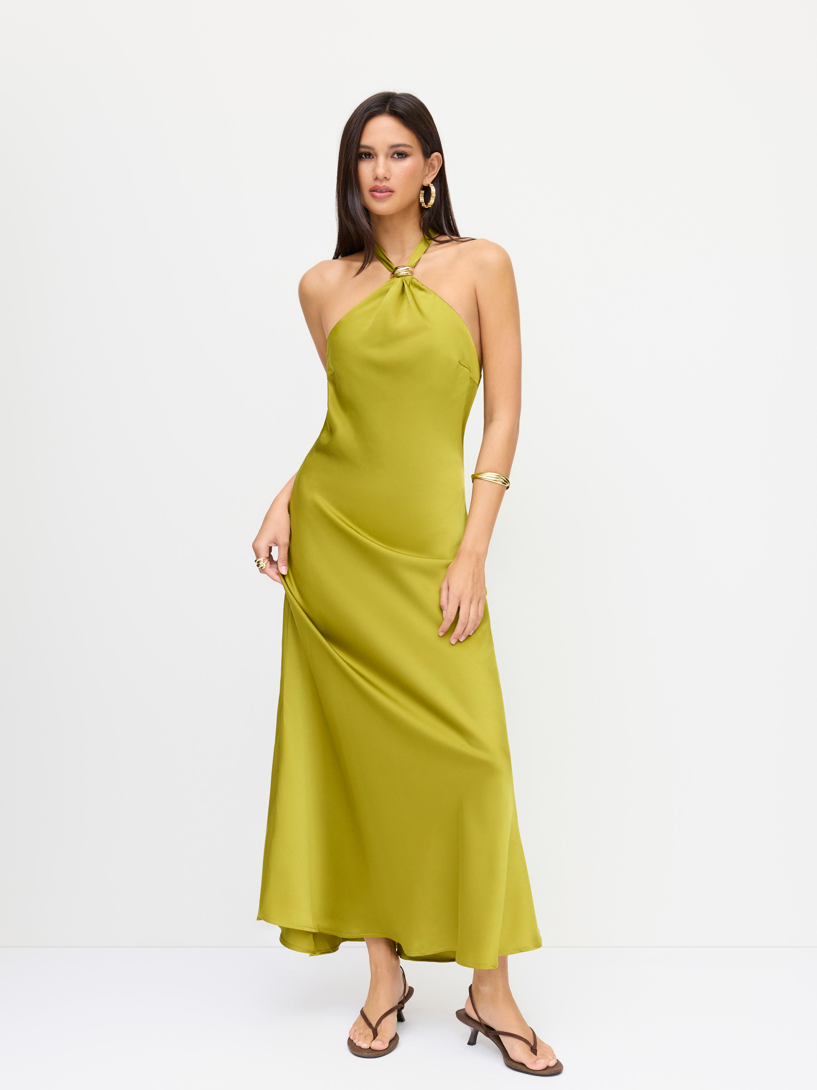 Satin Halter Neckline Metal Detail Backless Maxi Dress by CIDER