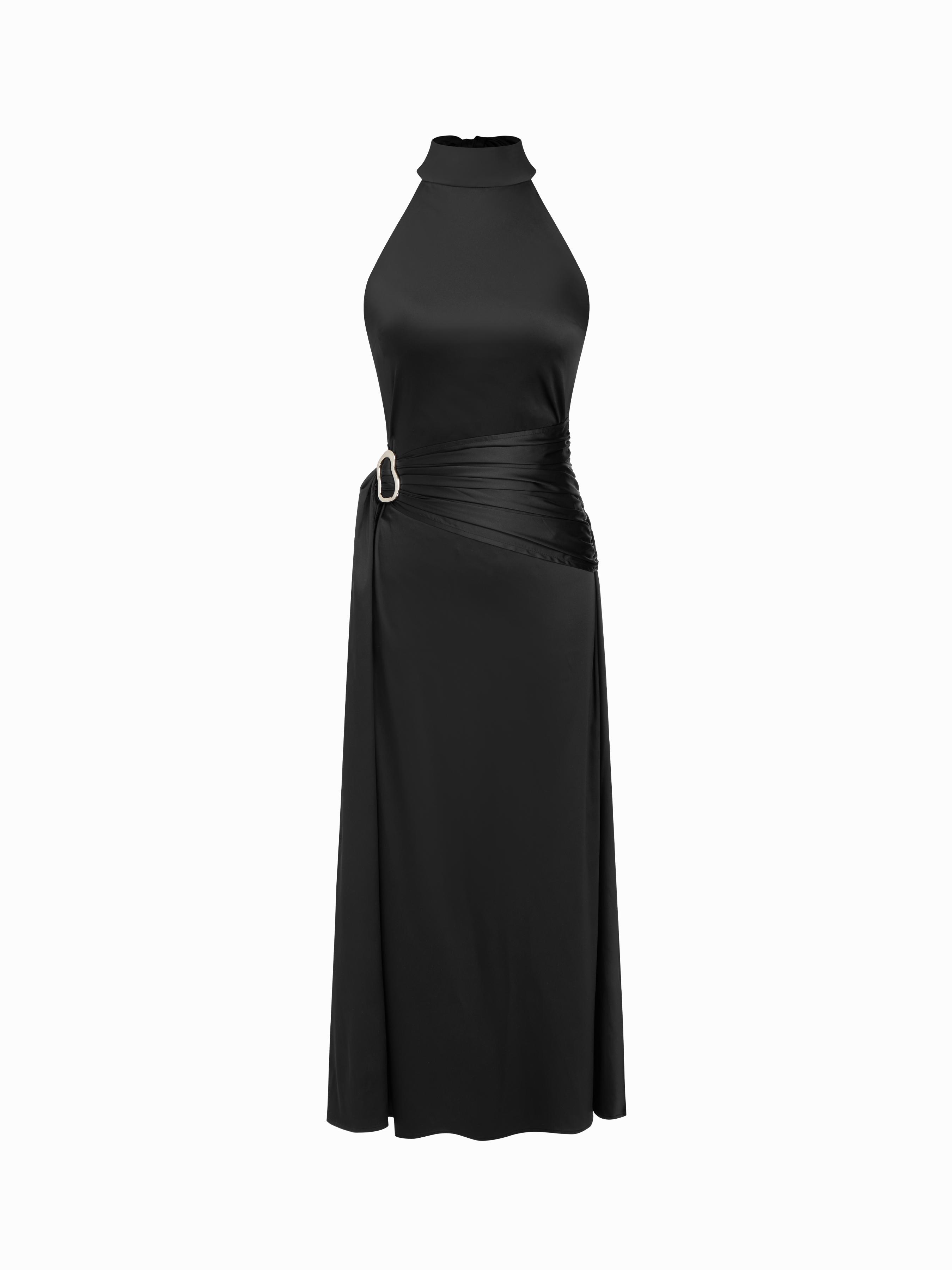 Satin Halter Neckline Metal Detail Tie Side Mandarin Maxi Dresses by CIDER