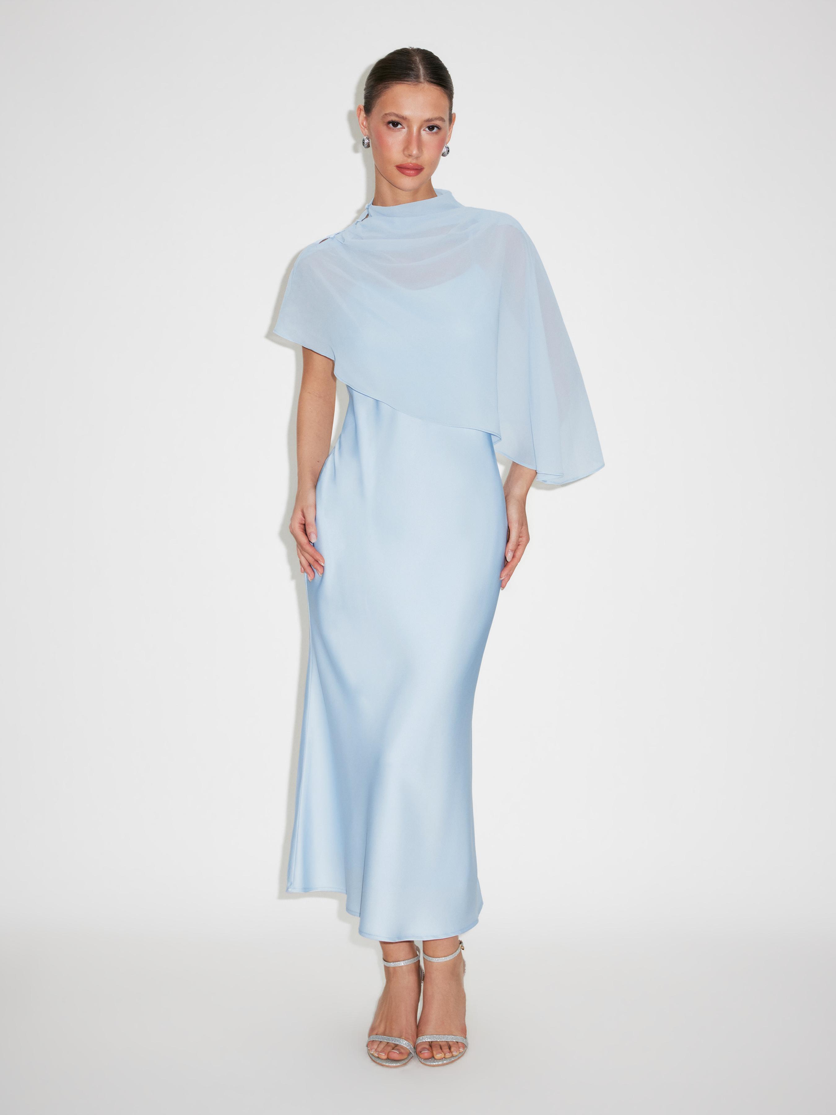 Satin High Neck Cape Sleeve Maxi Dress by CIDER