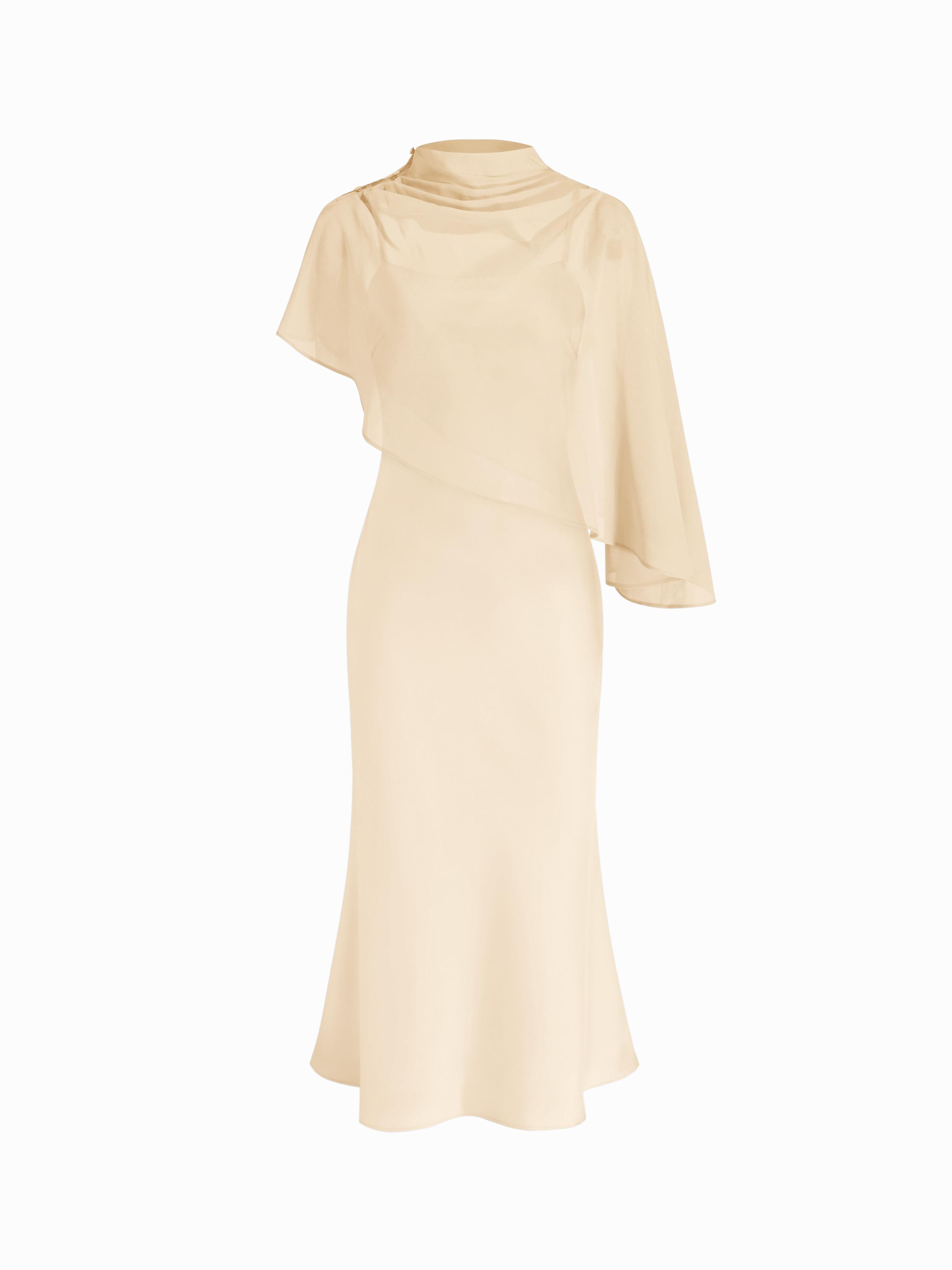 Satin High Neck Cape Sleeve Maxi Dress by CIDER