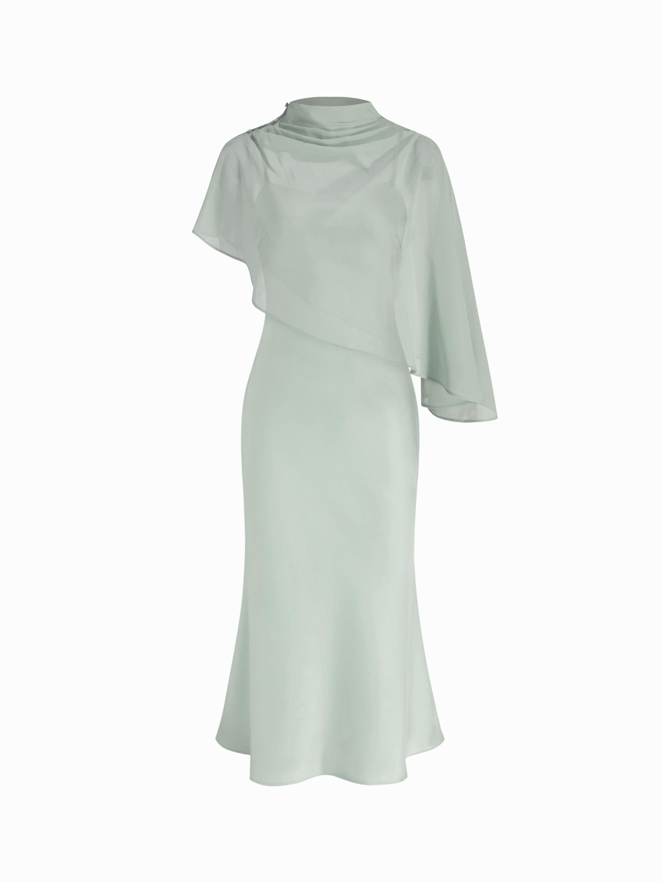 Satin High Neck Cape Sleeve Maxi Dress by CIDER