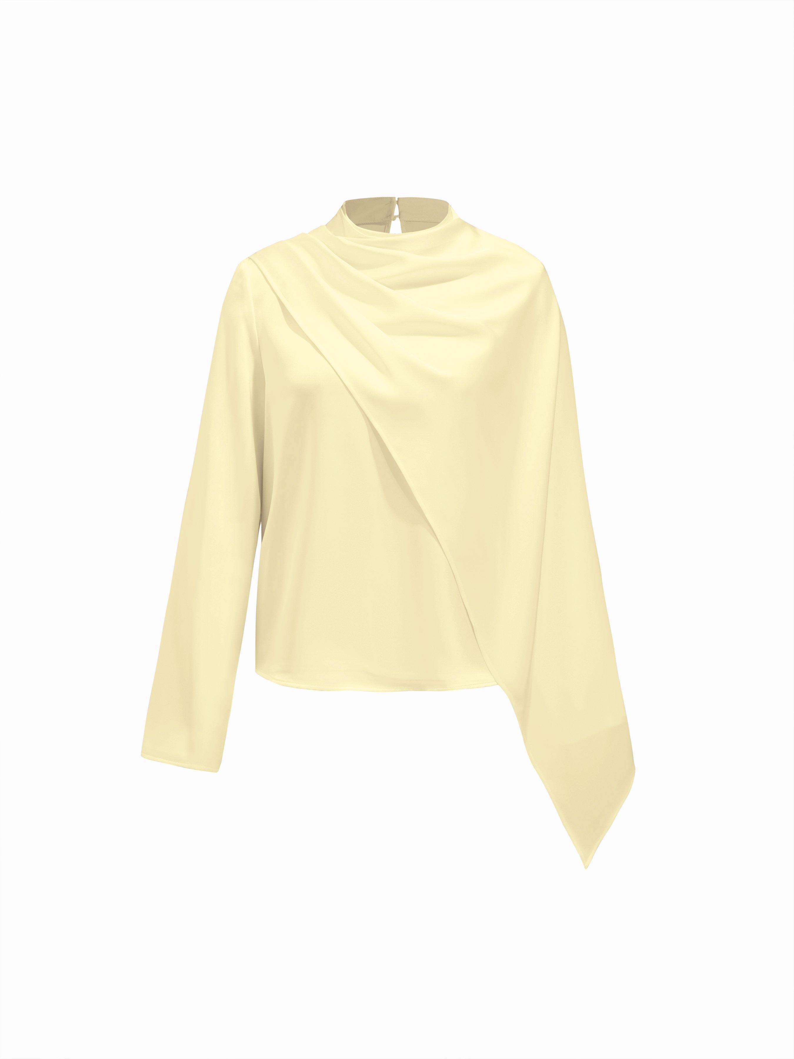 Satin High Neck Draped Long Sleeve Blouse With Scarf by CIDER