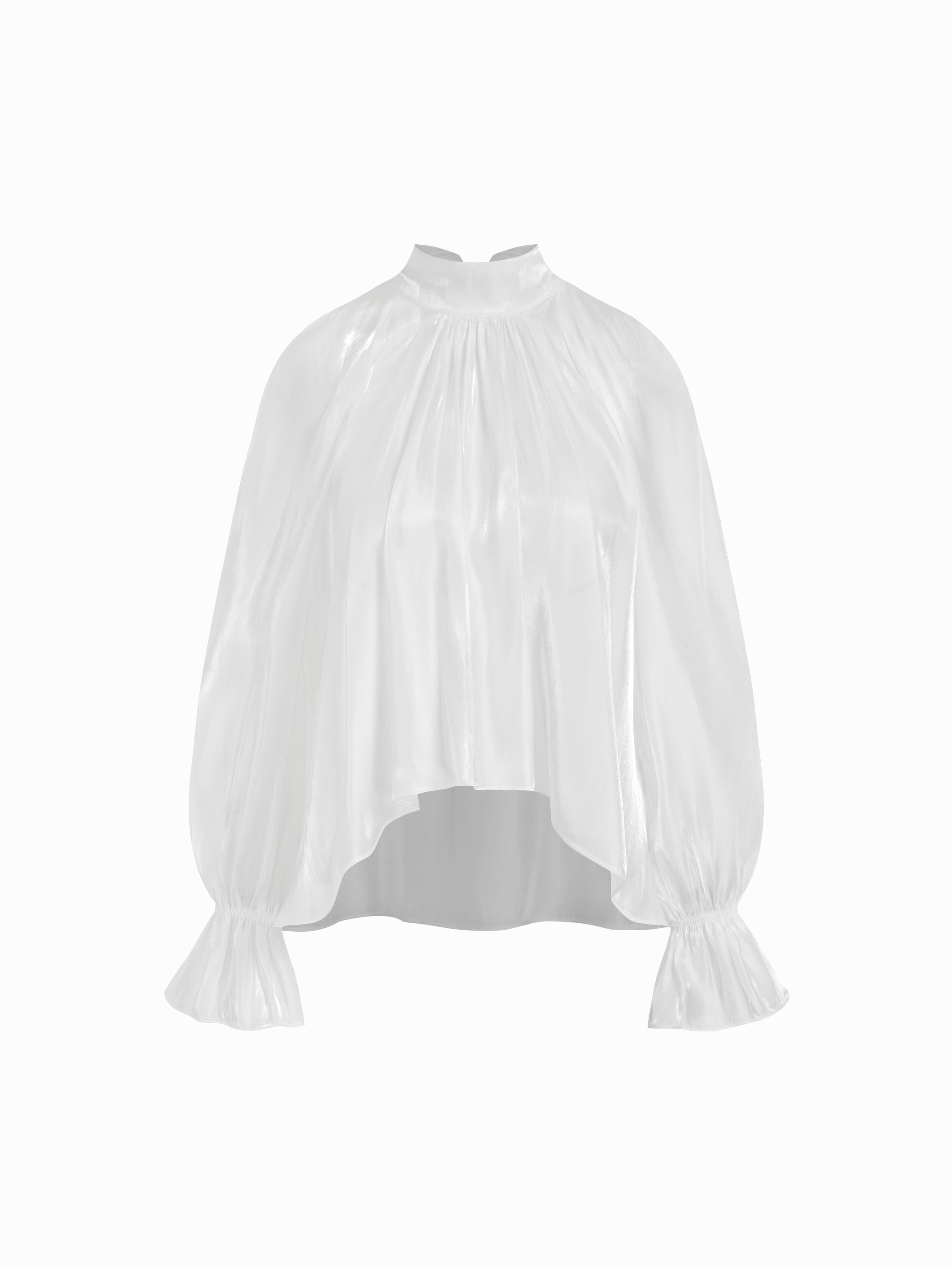 Satin High Neck Ruffled Bowknot Raglan Sleeve Oversized Blouse by CIDER