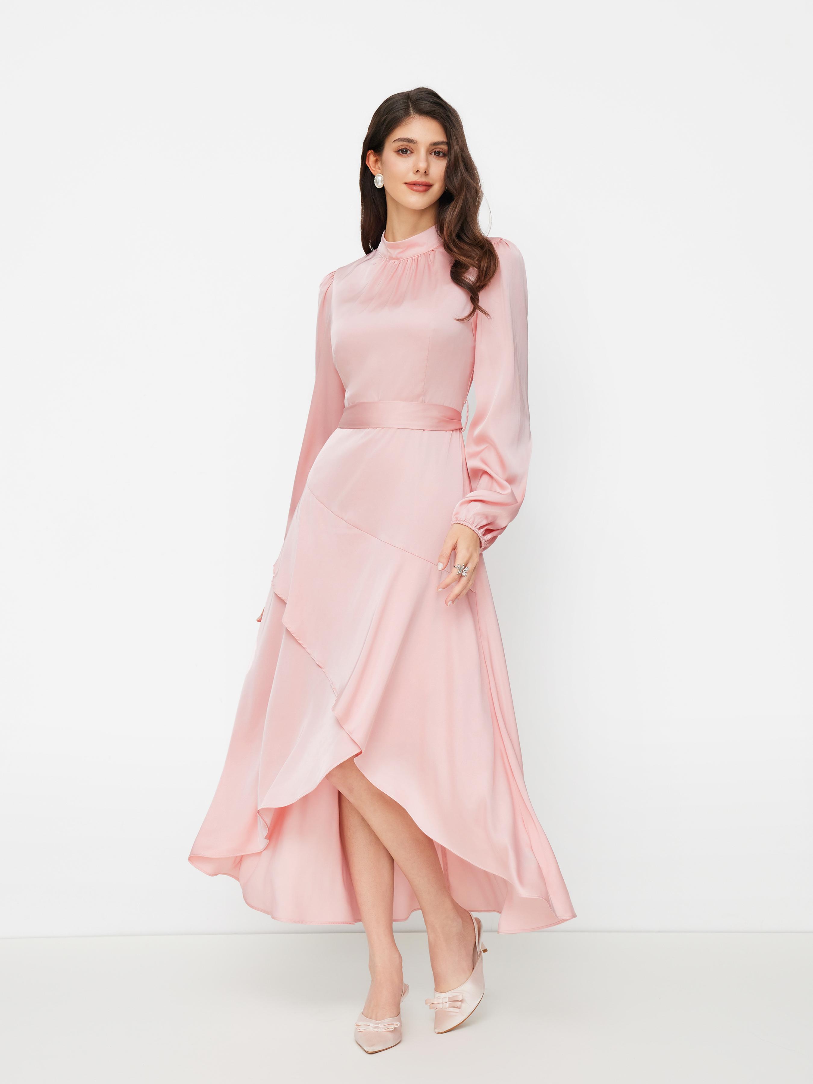 Satin High Neck Solid Ruched Ruffle Hem Maxi Dress With Belt by CIDER