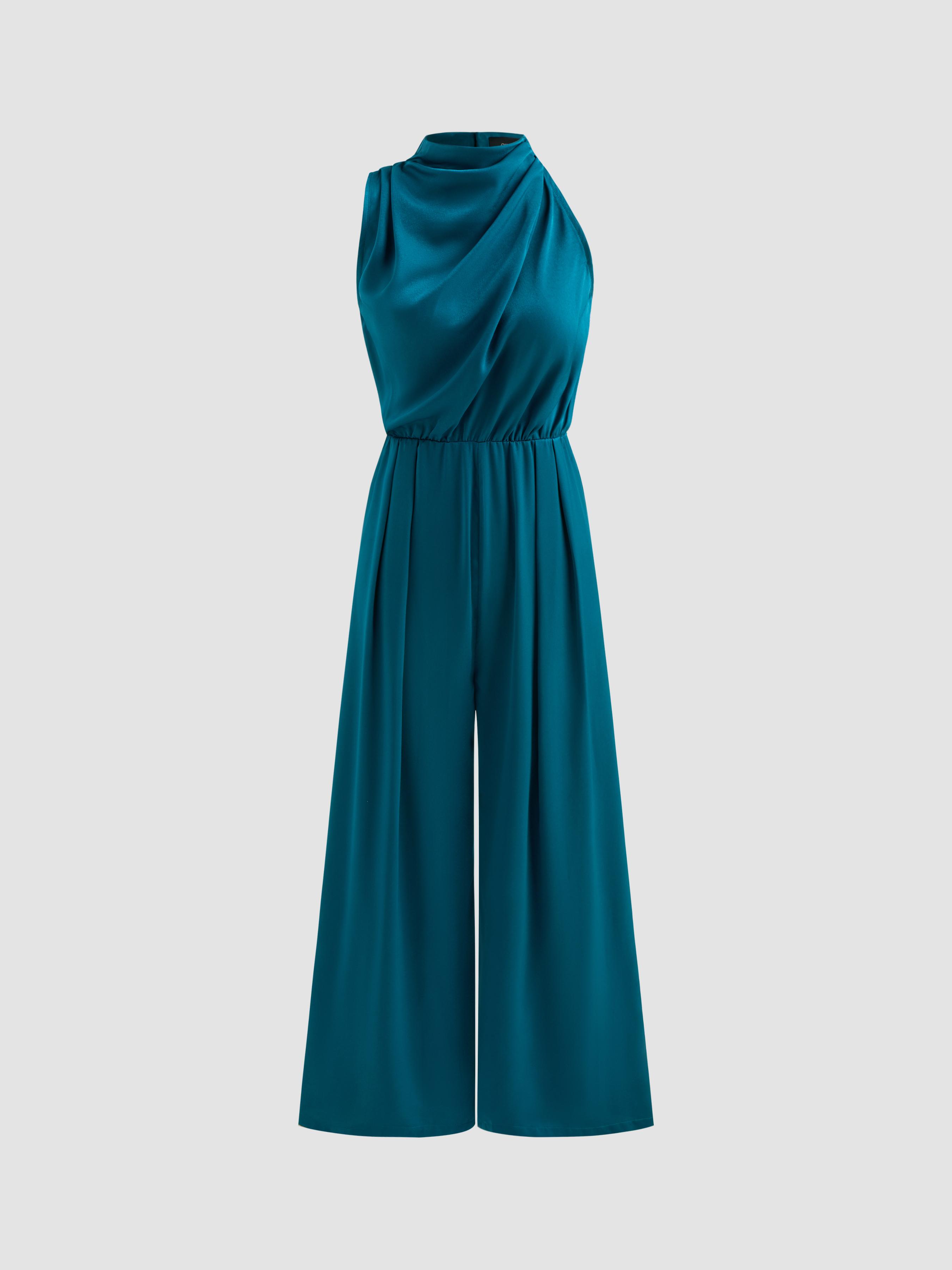 Satin High Neck Solid Zipper Pleated Wide Leg Jumpsuit by CIDER